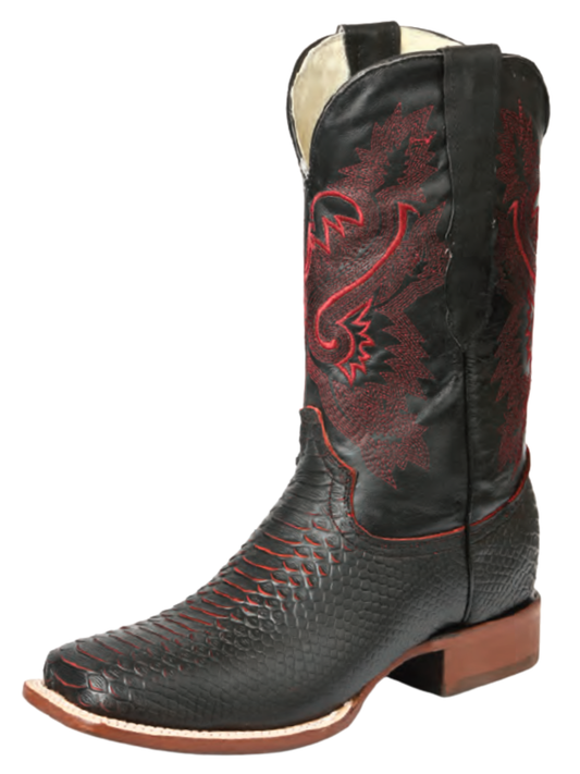Botas Vaqueras Rodeo Imitacion de Python Grabado en Piel Vacuno para Hombre 'El General' - ID: 45698 Botas Python Print El General Rojo