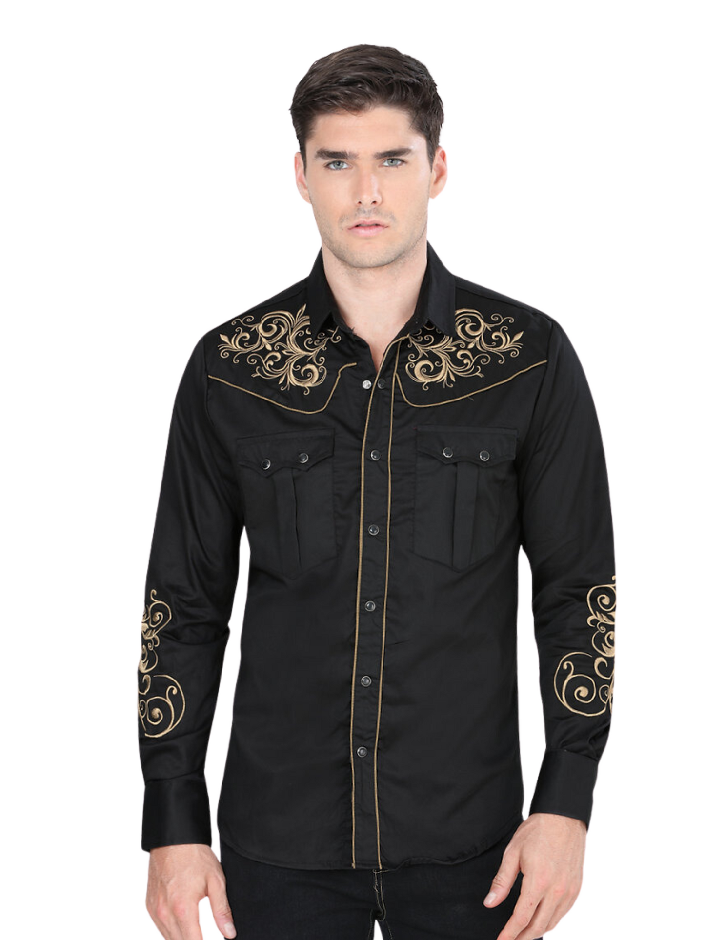 Camisa Vaquera Bordada Manga Larga para Hombre 'Montero' - ID: 3503 Camisas Bordadas Montero Black