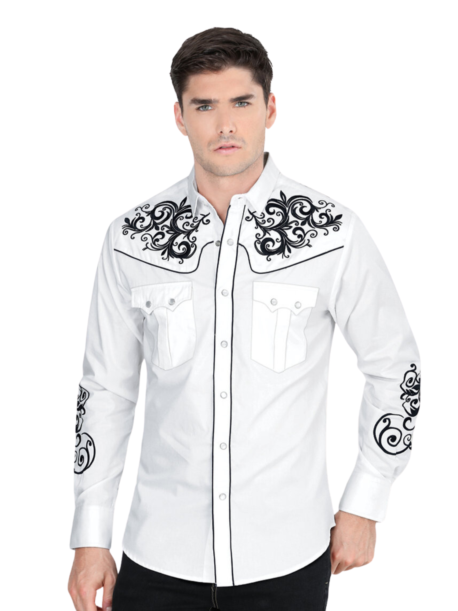 Camisa Vaquera Bordada Manga Larga para Hombre 'Montero' - ID: 3503 Camisas Bordadas Montero White