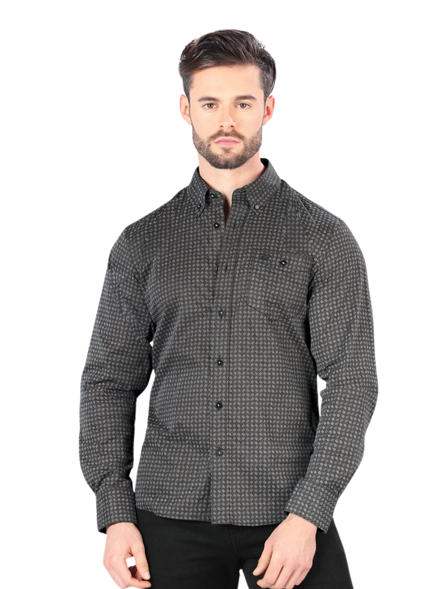 Camisa Casual Manga Larga Estampada para Hombre 'Montero' - ID: 0785 Camisas Estampadas Montero Black