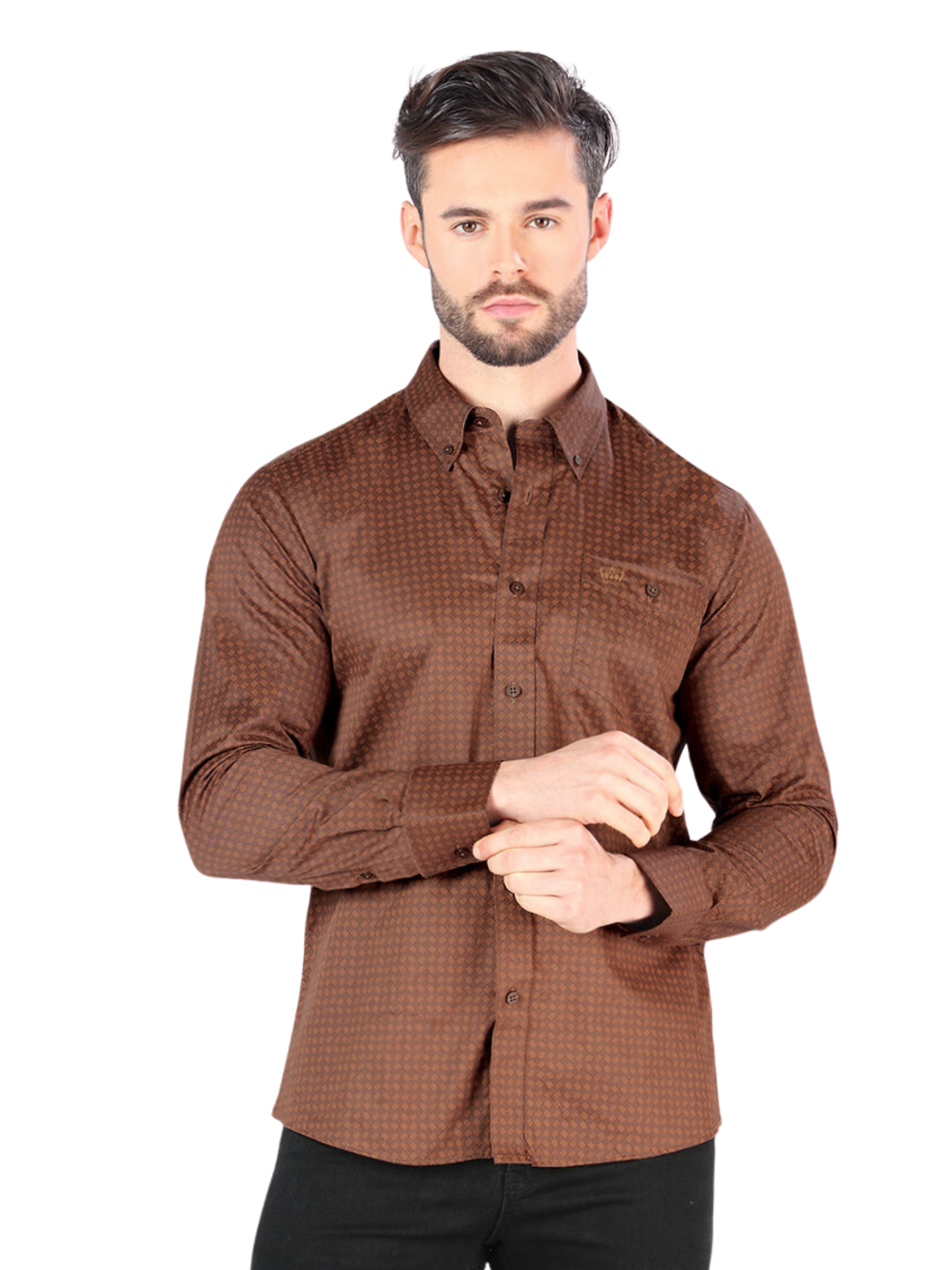 Camisa Casual Manga Larga Estampada para Hombre 'Montero' - ID: 0785 Camisas Estampadas Montero Coffee