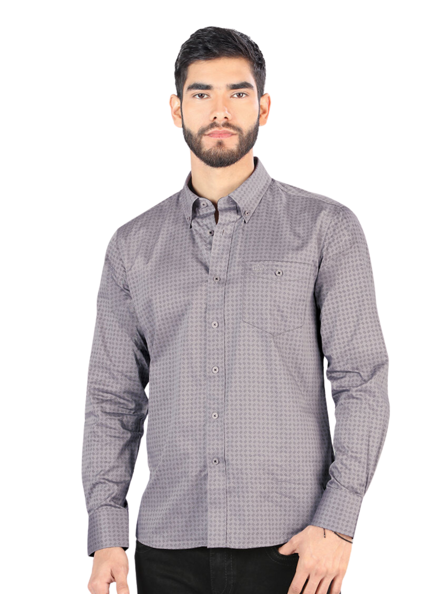 Camisa Casual Manga Larga Estampada para Hombre 'Montero' - ID: 0785 Camisas Estampadas Montero Gray