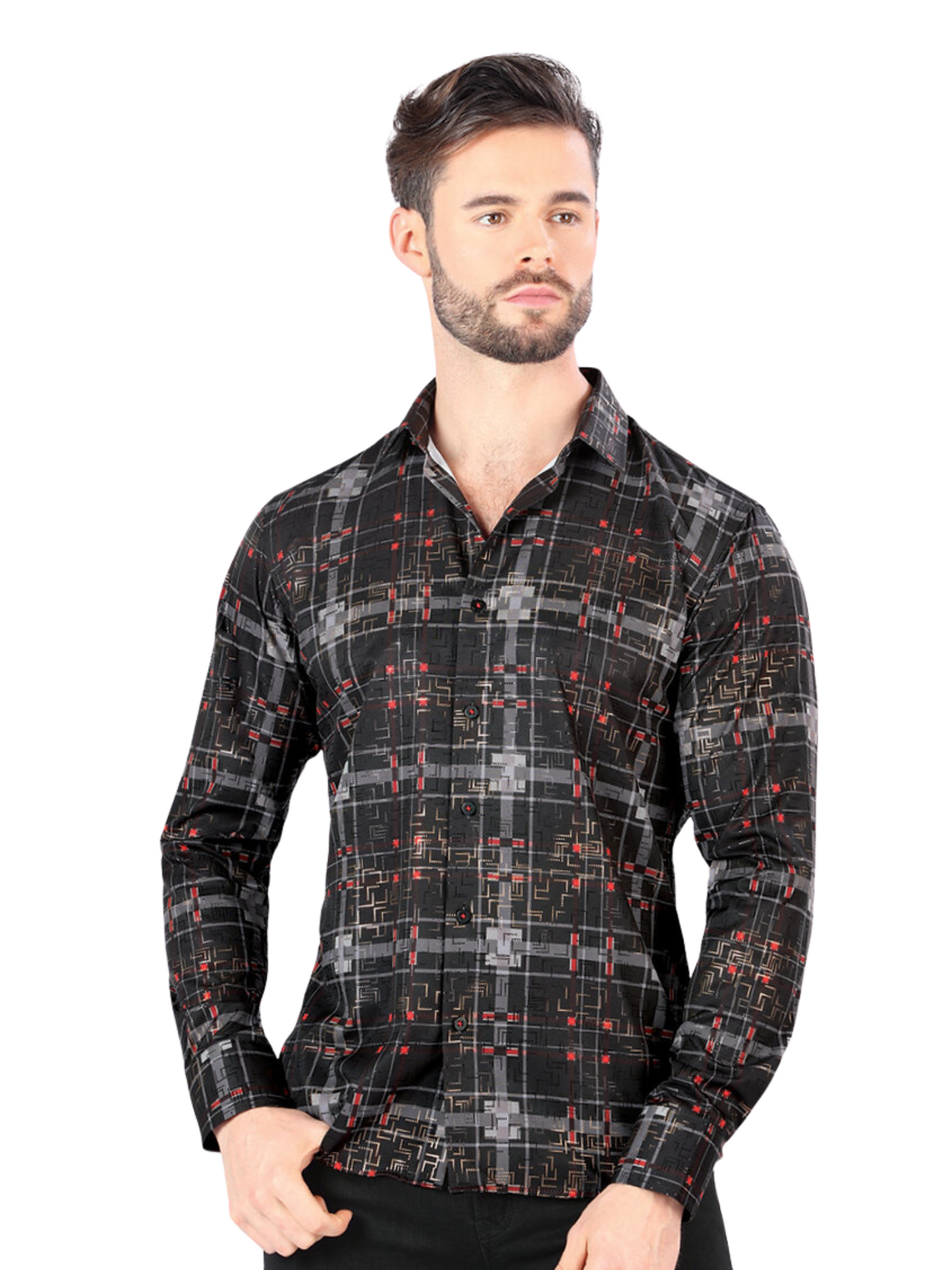 Camisa Casual Manga Larga Estampada para Hombre 'Montero' - ID: 0789 Camisas Estampadas Montero Black