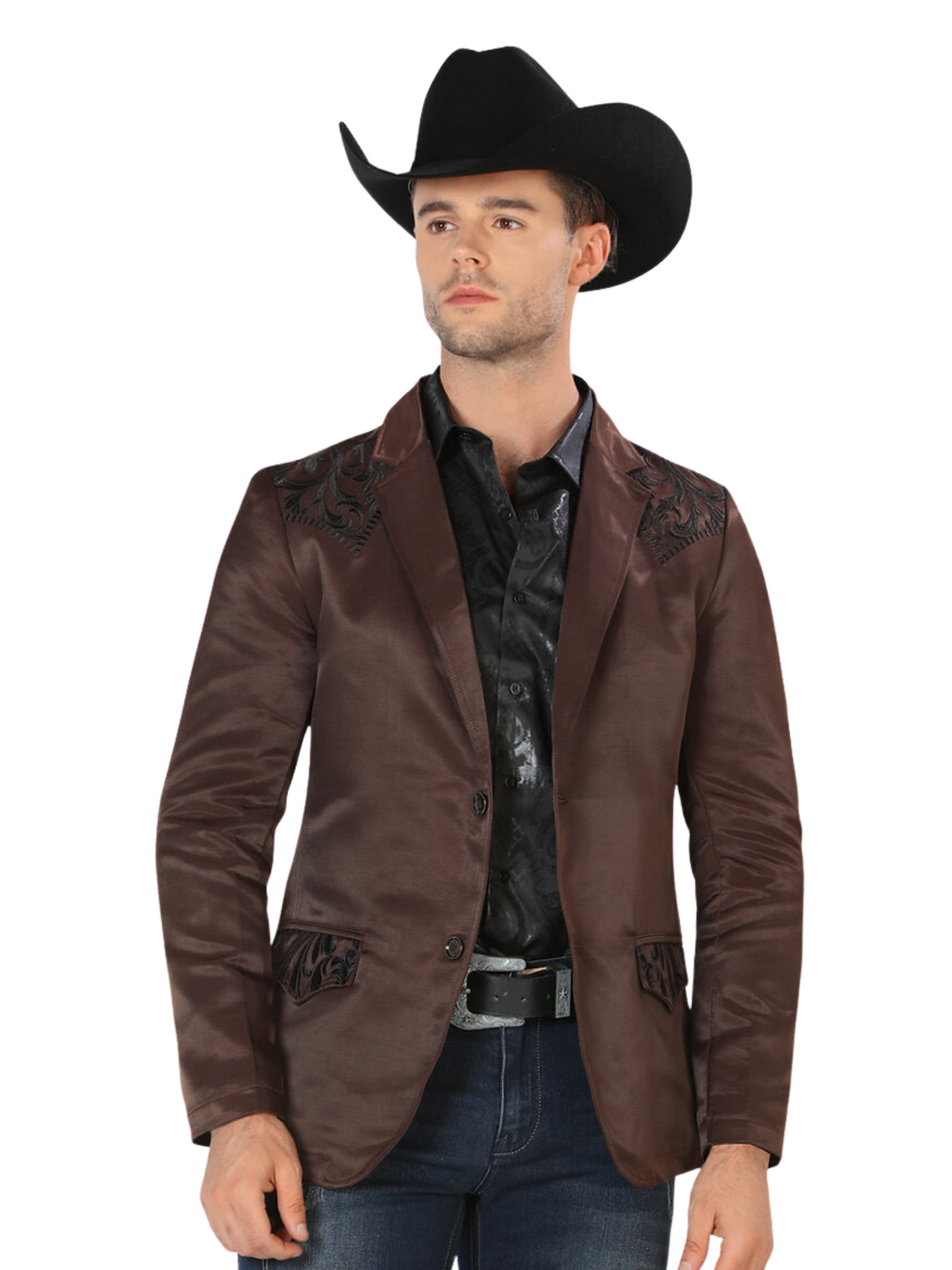 Saco Vaquero Bordado para Hombre 'Montero' - ID: 2178 Sacos Vaqueros Montero Coffee/Black