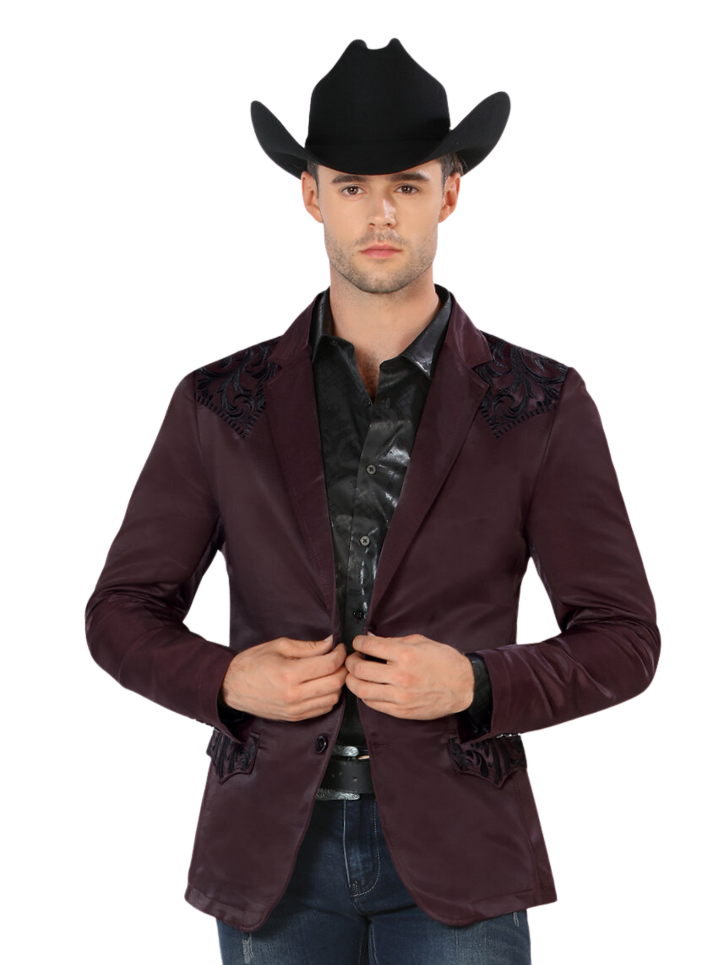 Saco Vaquero Bordado para Hombre 'Montero' - ID: 2178 Sacos Vaqueros Montero Wine/Black