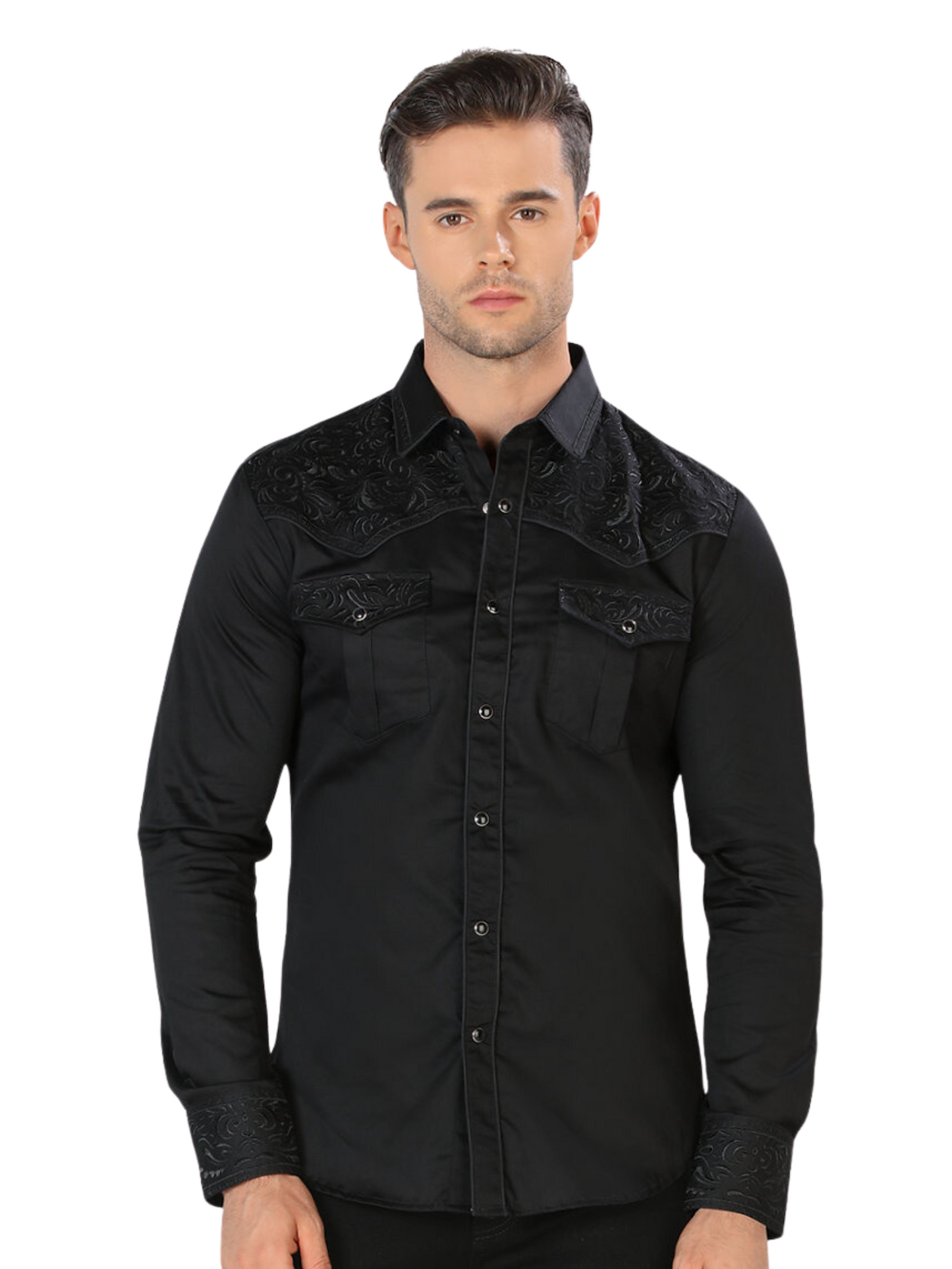 Camisa Vaquera Bordada Manga Larga para Hombre 'Montero' - ID: 3537 Camisas Bordadas Montero Black/Black