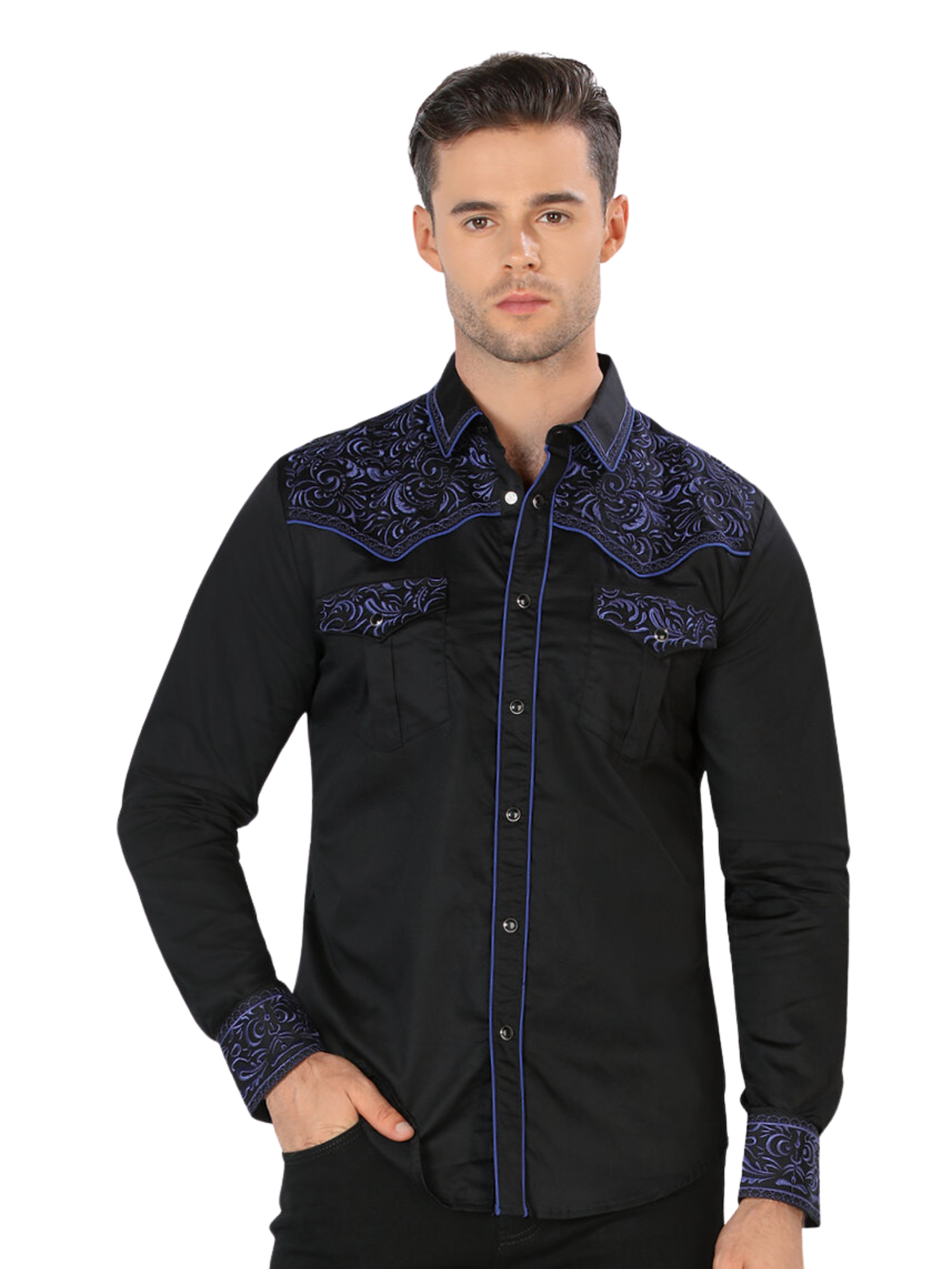 Camisa Vaquera Bordada Manga Larga para Hombre 'Montero' - ID: 3537 Camisas Bordadas Montero Black/Blue