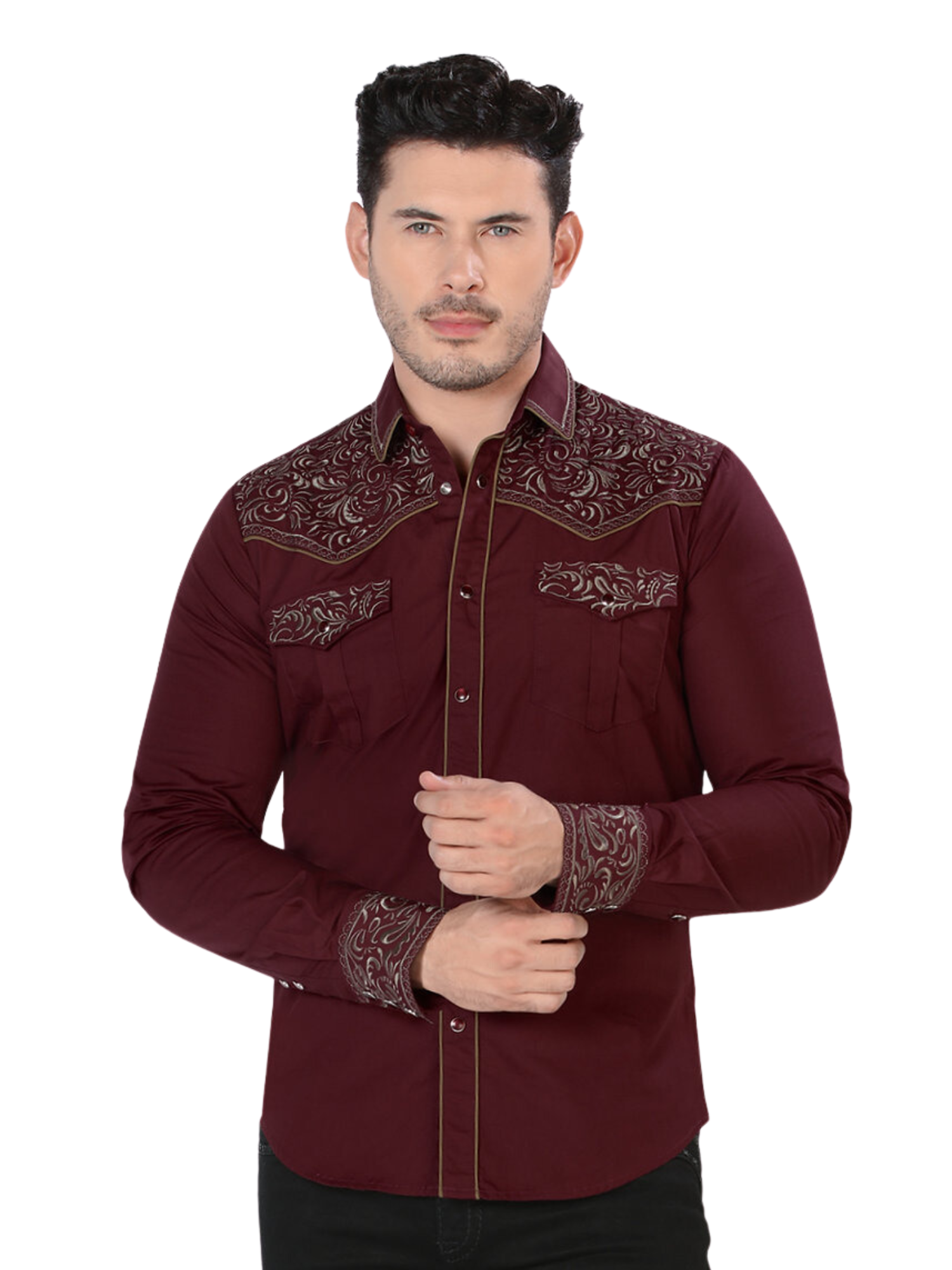 Camisa Vaquera Bordada Manga Larga para Hombre 'Montero' - ID: 3537 Camisas Bordadas Montero Wine