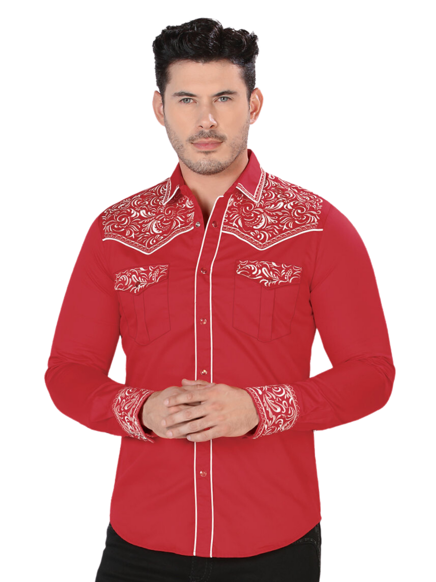 Camisa Vaquera Bordada Manga Larga para Hombre 'Montero' - ID: 3537 Western Shirt Montero Red