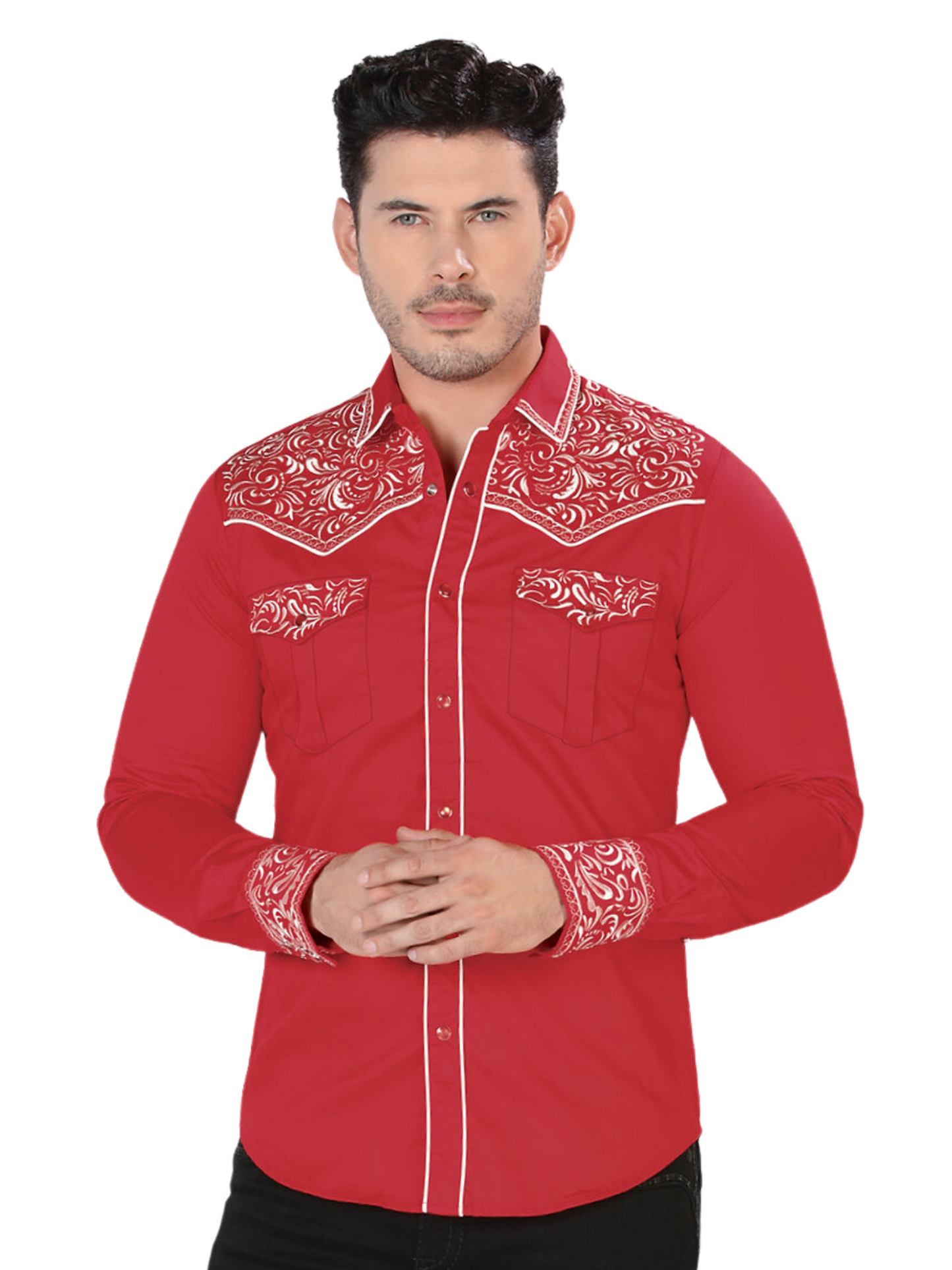 Camisa Vaquera Bordada Manga Larga para Hombre 'Montero' - ID: 3537 Camisas Bordadas Montero Red