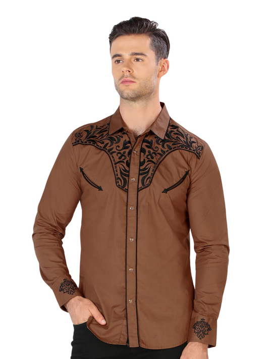 Camisa Vaquera Bordada Manga Larga para Hombre 'Montero' - ID: 3523 Western Shirt Montero Brown
