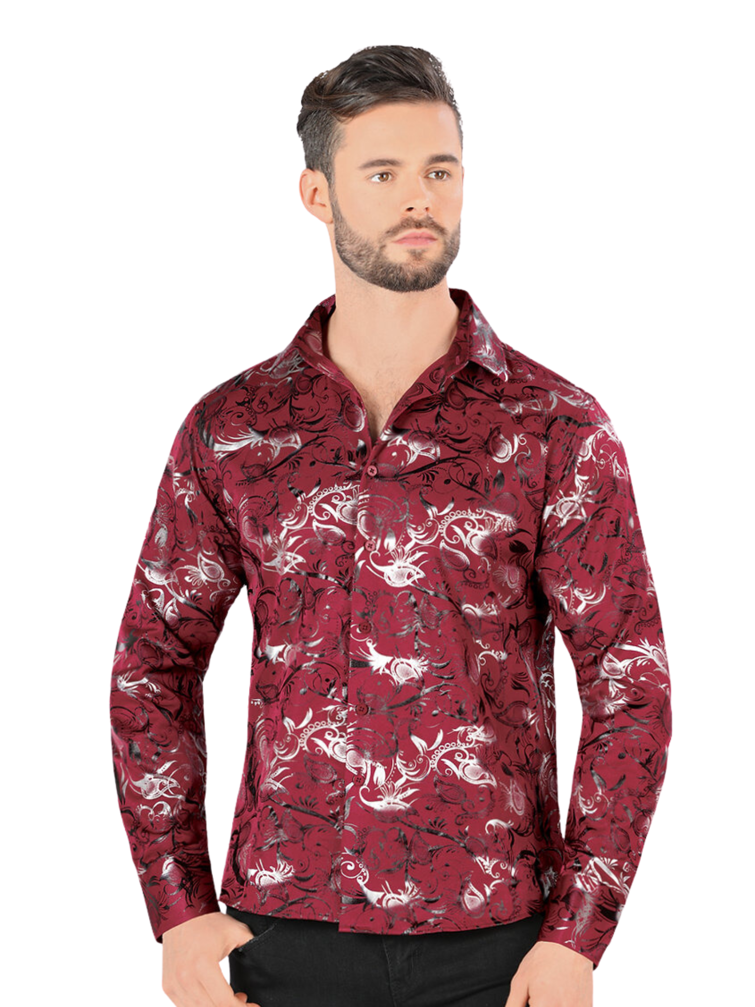 Camisa Casual Manga Larga Estampada para Hombre 'Montero' - ID: 0792 Camisas Estampadas Montero Wine