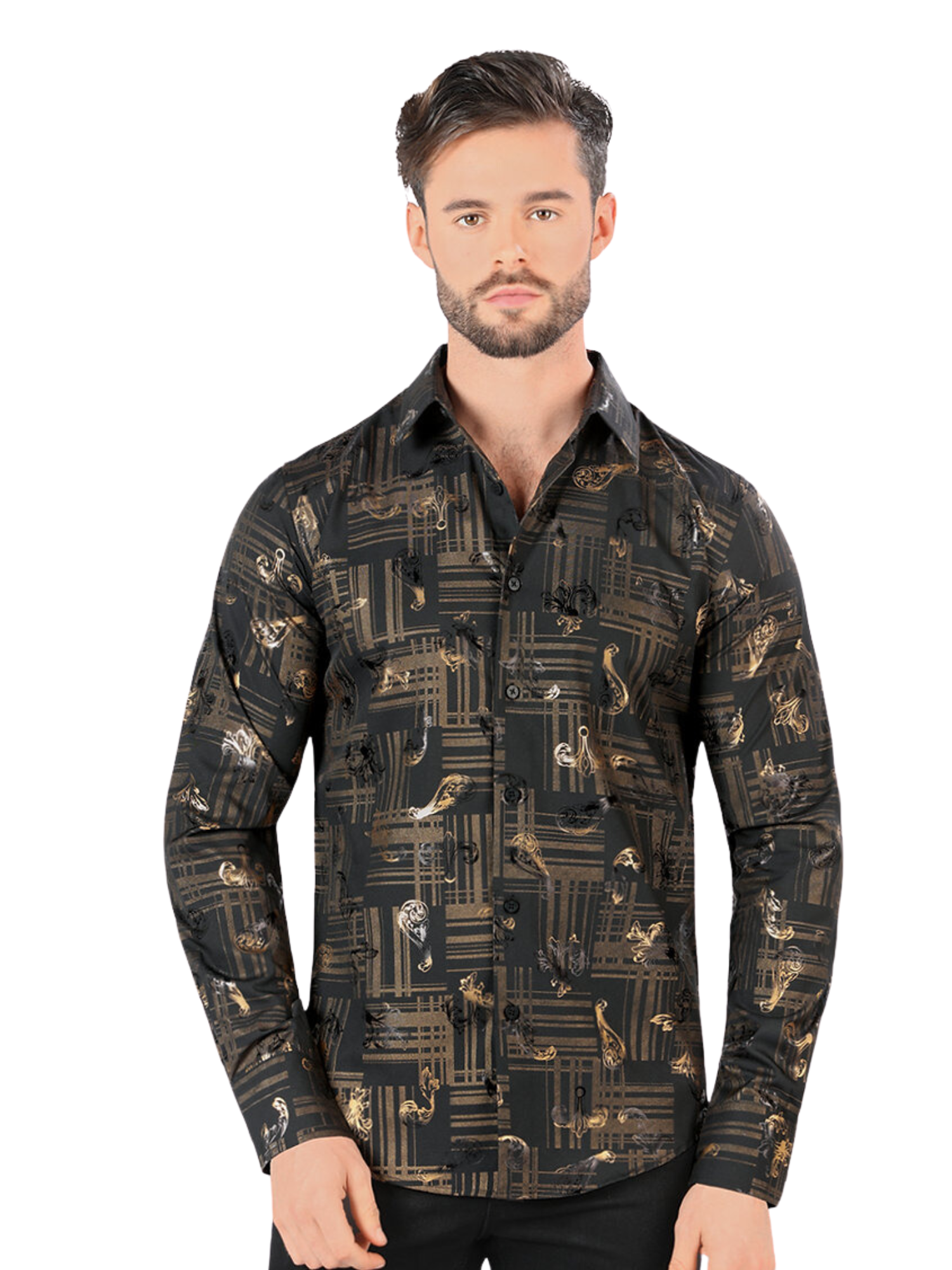 Camisa Casual Manga Larga Estampada para Hombre 'Montero' - ID: 0412 Camisas Estampadas Montero Black