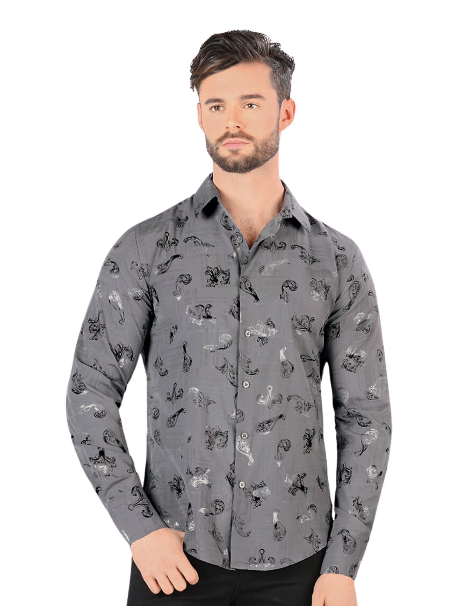 Camisa Casual Manga Larga Estampada para Hombre 'Montero' - ID: 0412 Camisas Estampadas Montero Charcoal