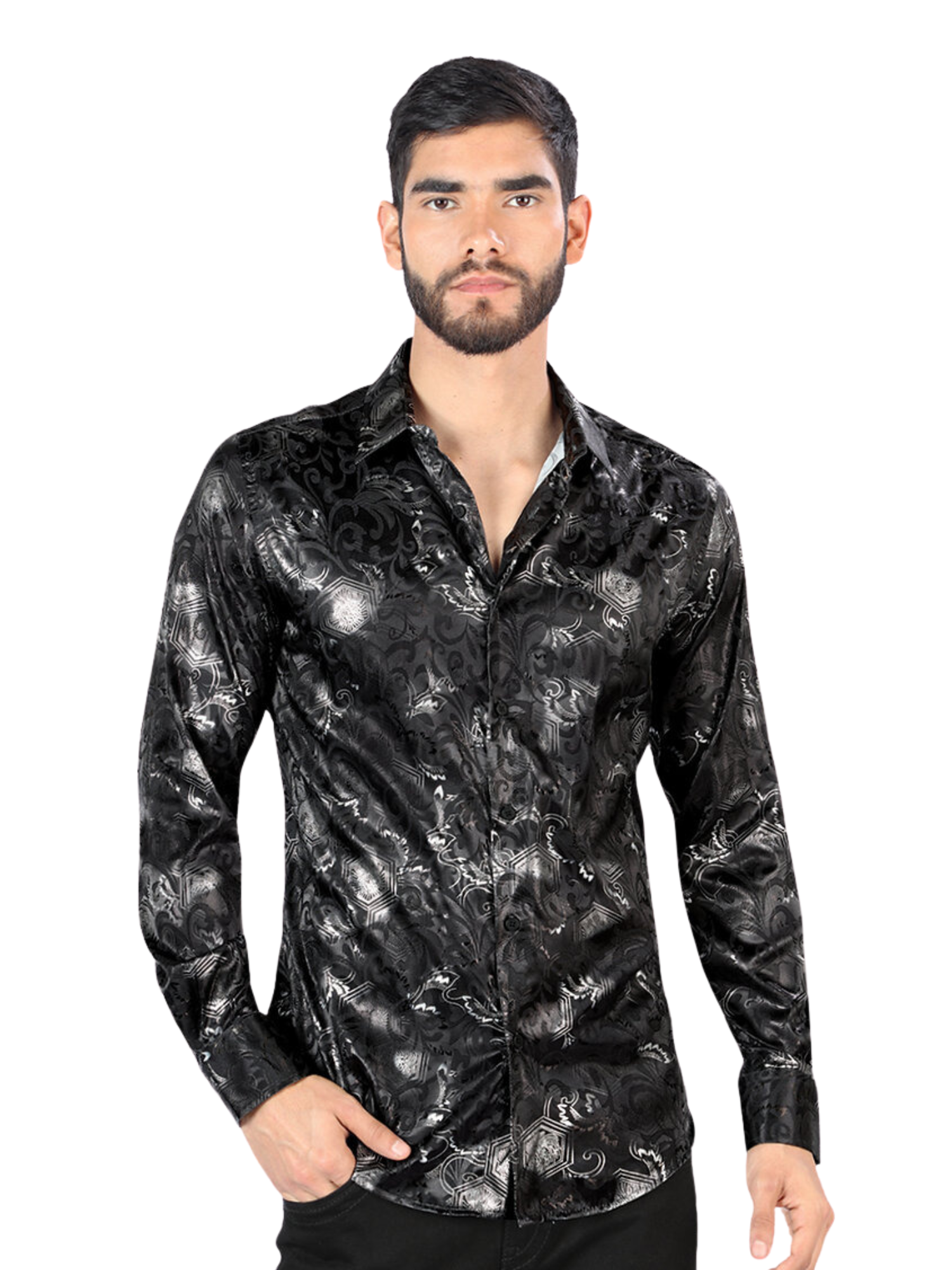 Camisa Casual Manga Larga Estampada para Hombre 'Montero' - ID: 0431 Camisas Estampadas Montero Black