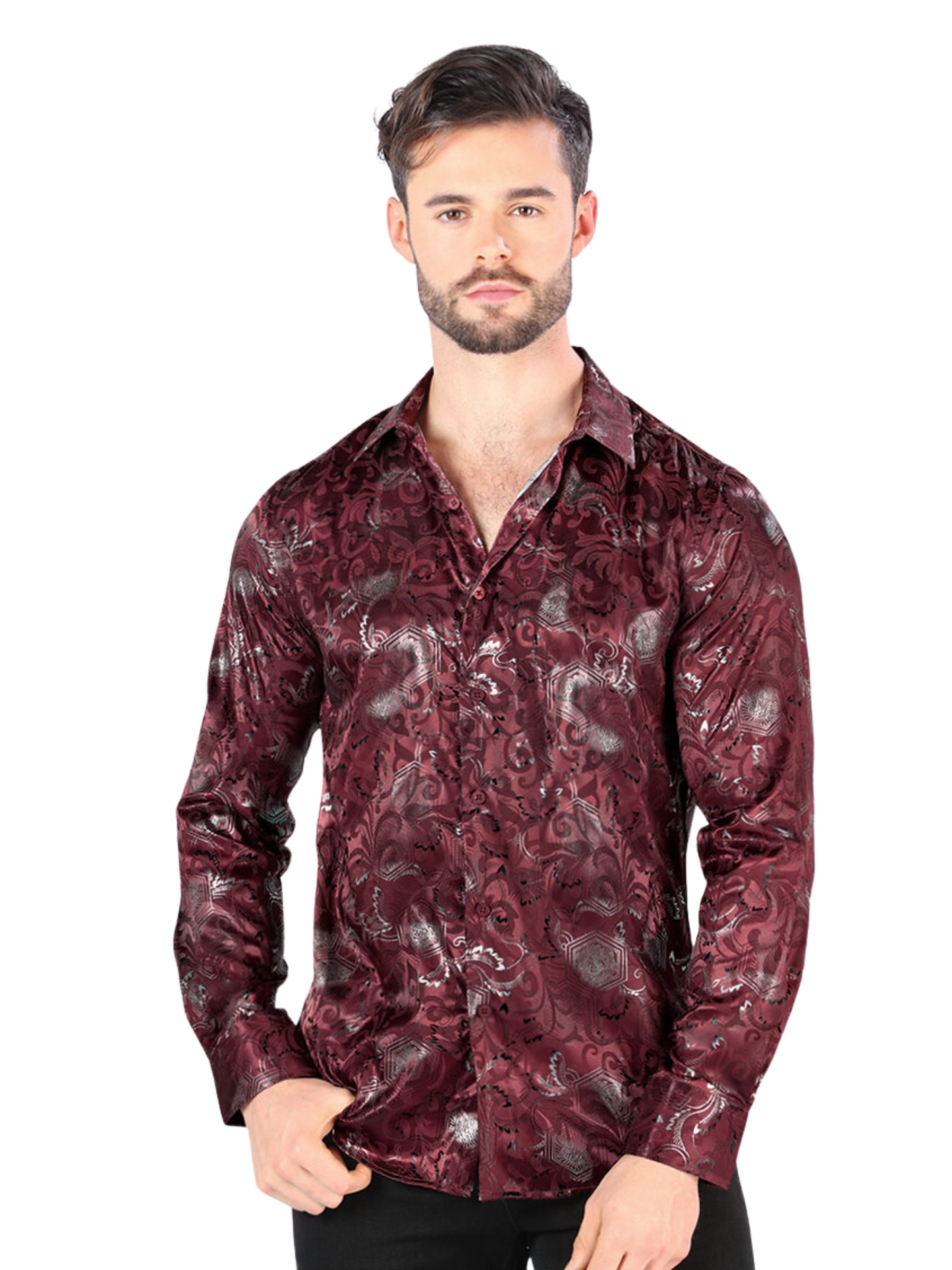 Camisa Casual Manga Larga Estampada para Hombre 'Montero' - ID: 0431 Camisas Estampadas Montero Wine