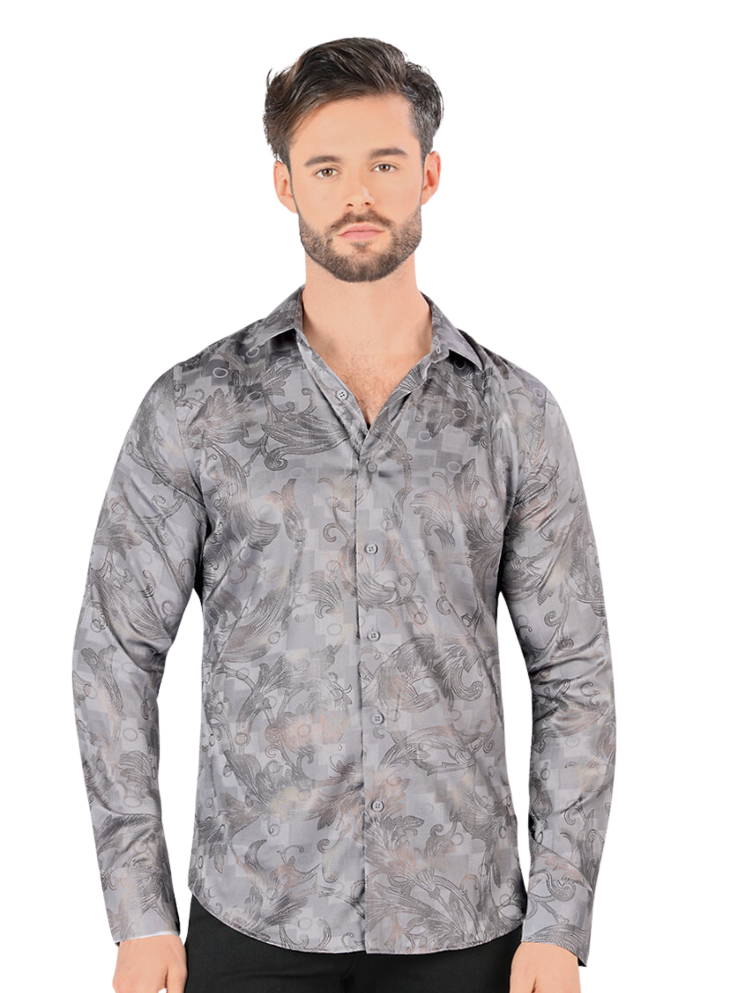 Camisa Casual Manga Larga Estampada para Hombre 'Montero' - ID: 0432 Camisas Estampadas Montero Gray