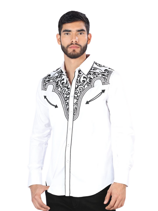 Camisa Vaquera Bordada Manga Larga para Hombre 'Montero' - ID: 3531 Western Shirt Montero White