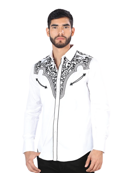 Camisa Vaquera Bordada Manga Larga para Hombre 'Montero' - ID: 3531 Camisas Bordadas Montero White