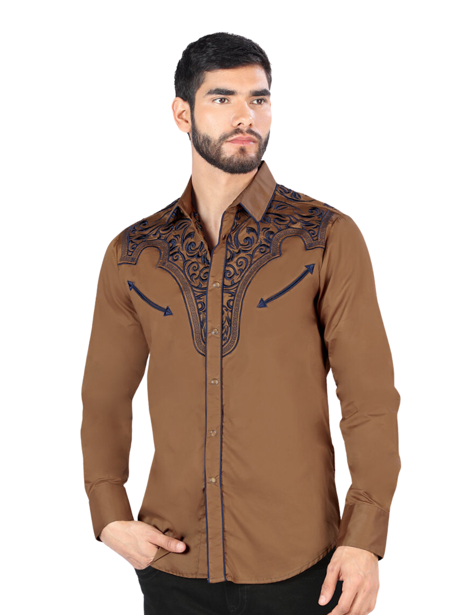 Camisa Vaquera Bordada Manga Larga para Hombre 'Montero' - ID: 3531 Camisas Bordadas Montero Camel