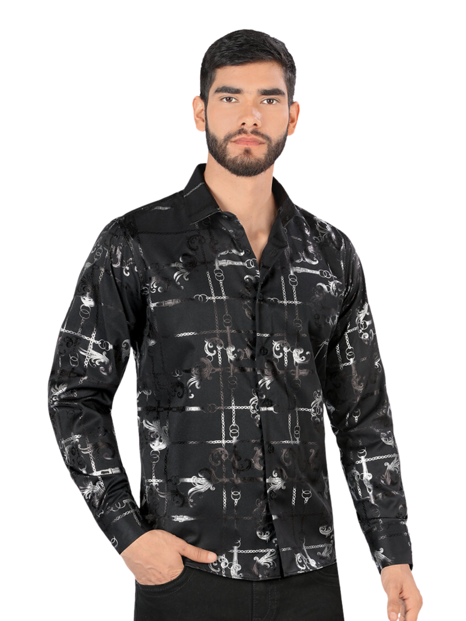 Camisa Casual Manga Larga Estampada para Hombre 'Montero' - ID: 0794 Camisas Estampadas Montero Black