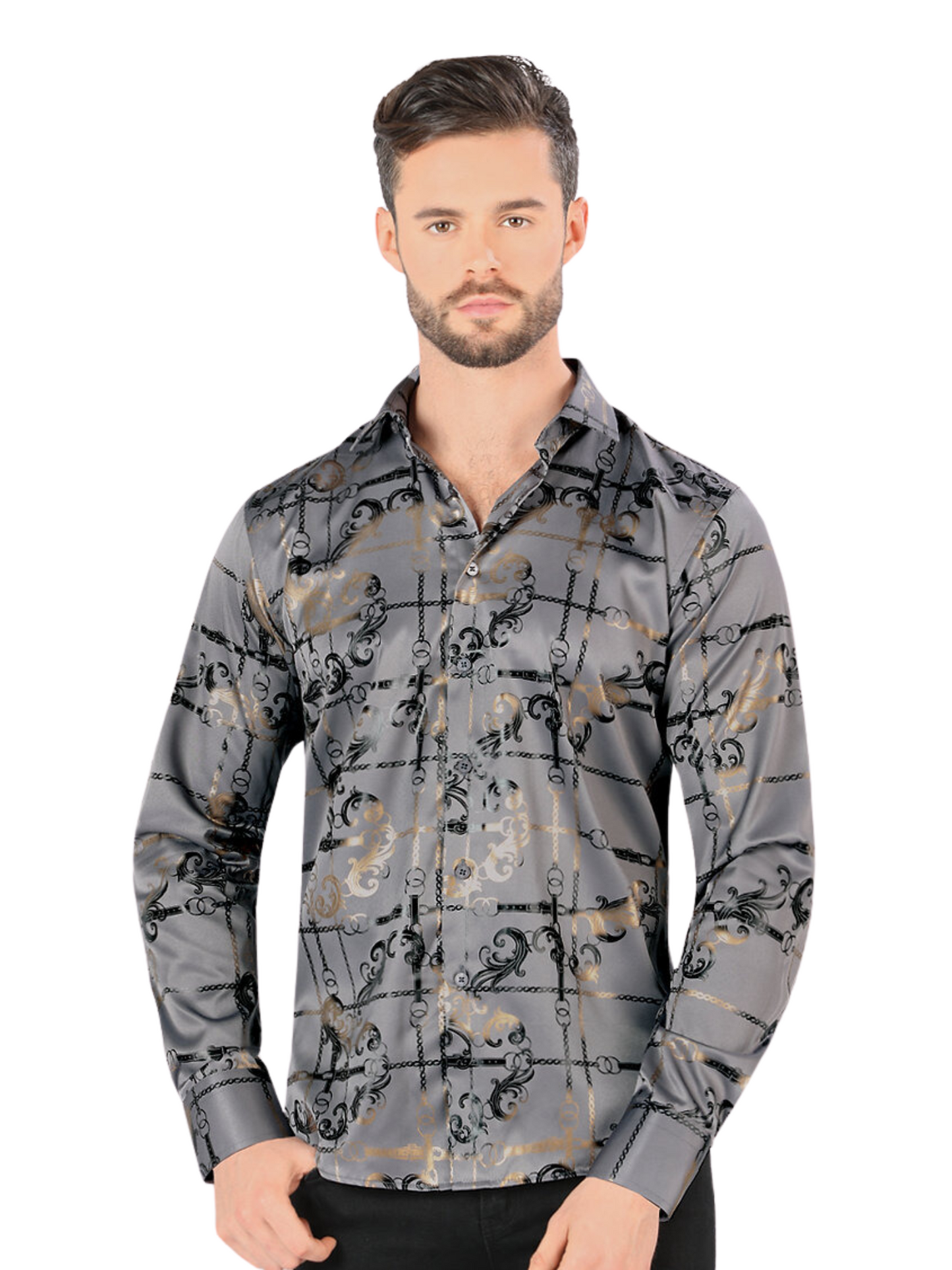 Camisa Casual Manga Larga Estampada para Hombre 'Montero' - ID: 0794 Camisas Estampadas Montero Gray