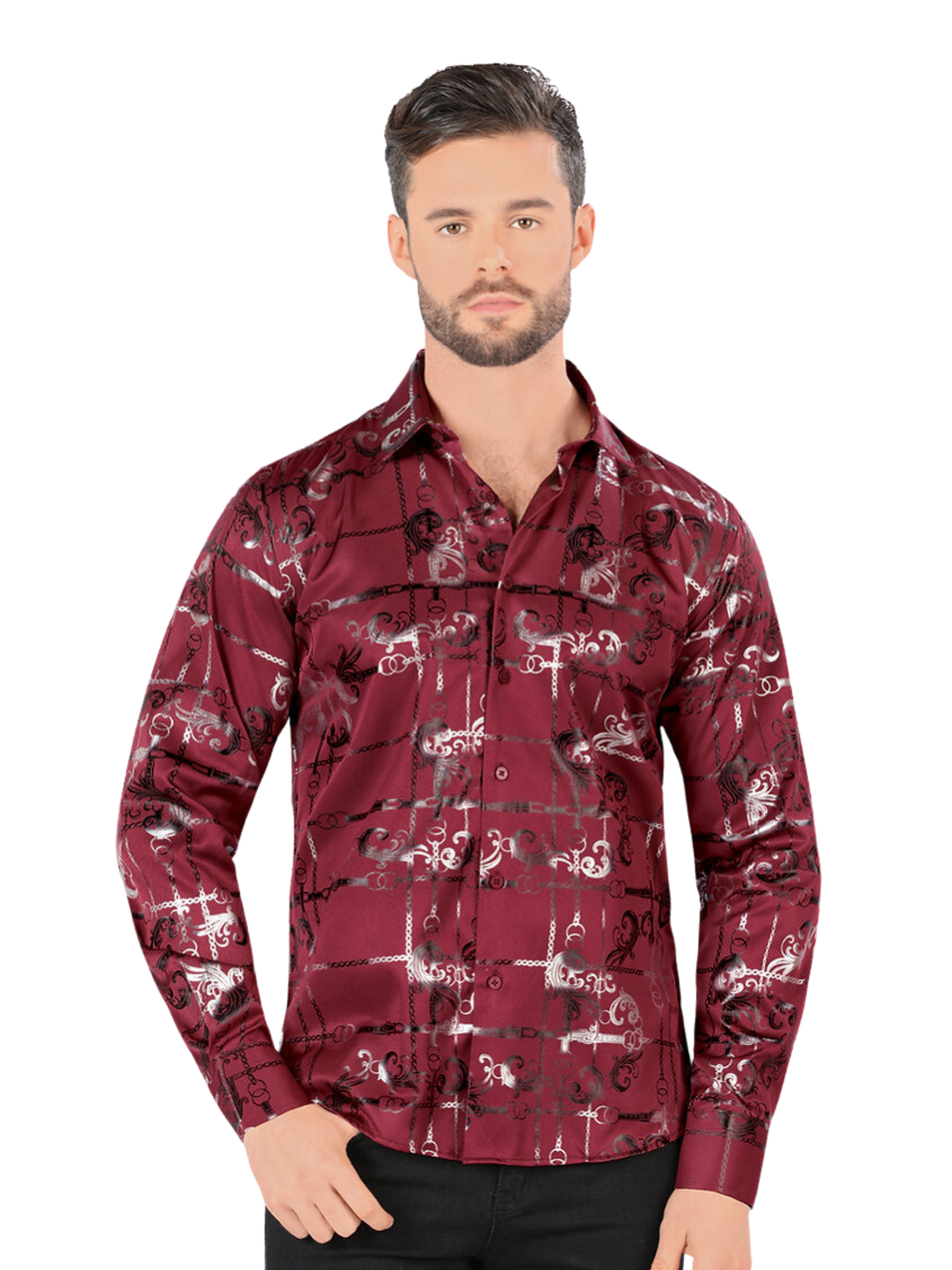 Camisa Casual Manga Larga Estampada para Hombre 'Montero' - ID: 0794 Camisas Estampadas Montero Wine