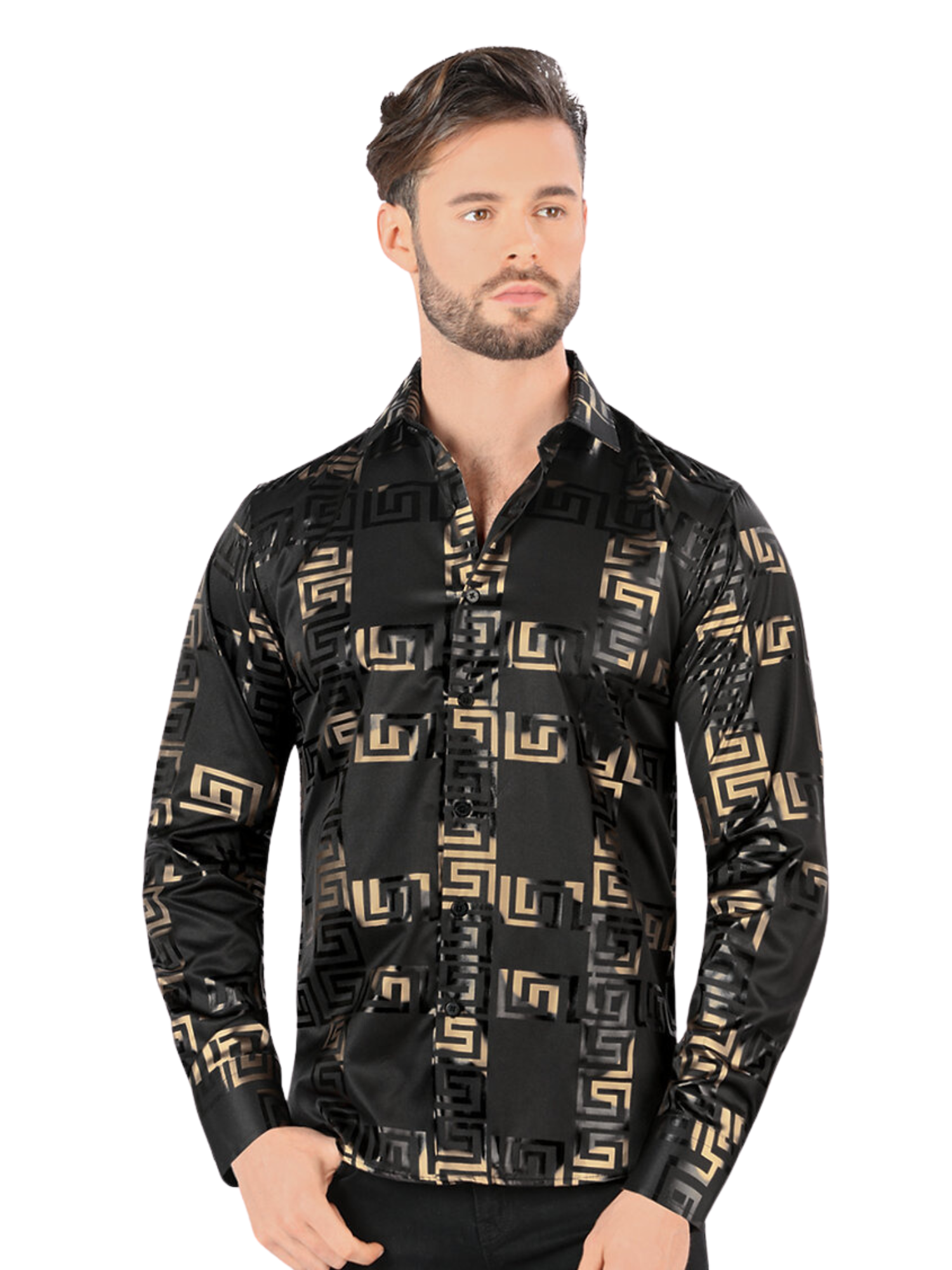 Camisa Casual Manga Larga Estampada para Hombre 'Montero' - ID: 0800 Camisas Estampadas Montero Black