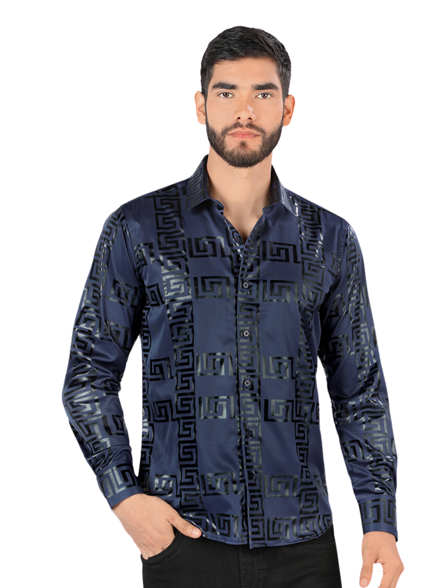 Camisa Casual Manga Larga Estampada para Hombre 'Montero' - ID: 0800 Camisas Estampadas Montero Navy