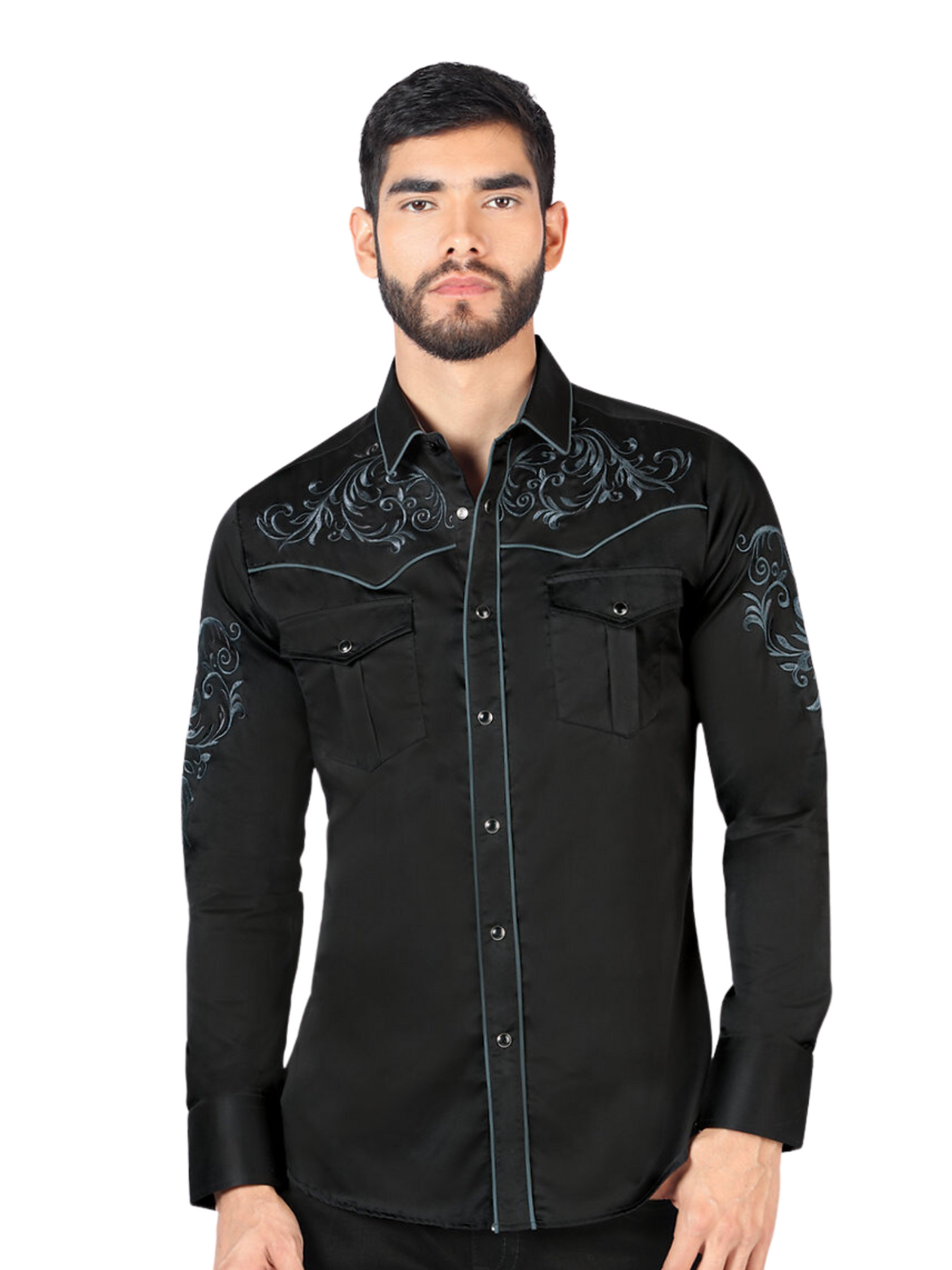 Camisa Vaquera Bordada Manga Larga para Hombre 'Montero' - ID: 3539 Camisas Bordadas Montero Black