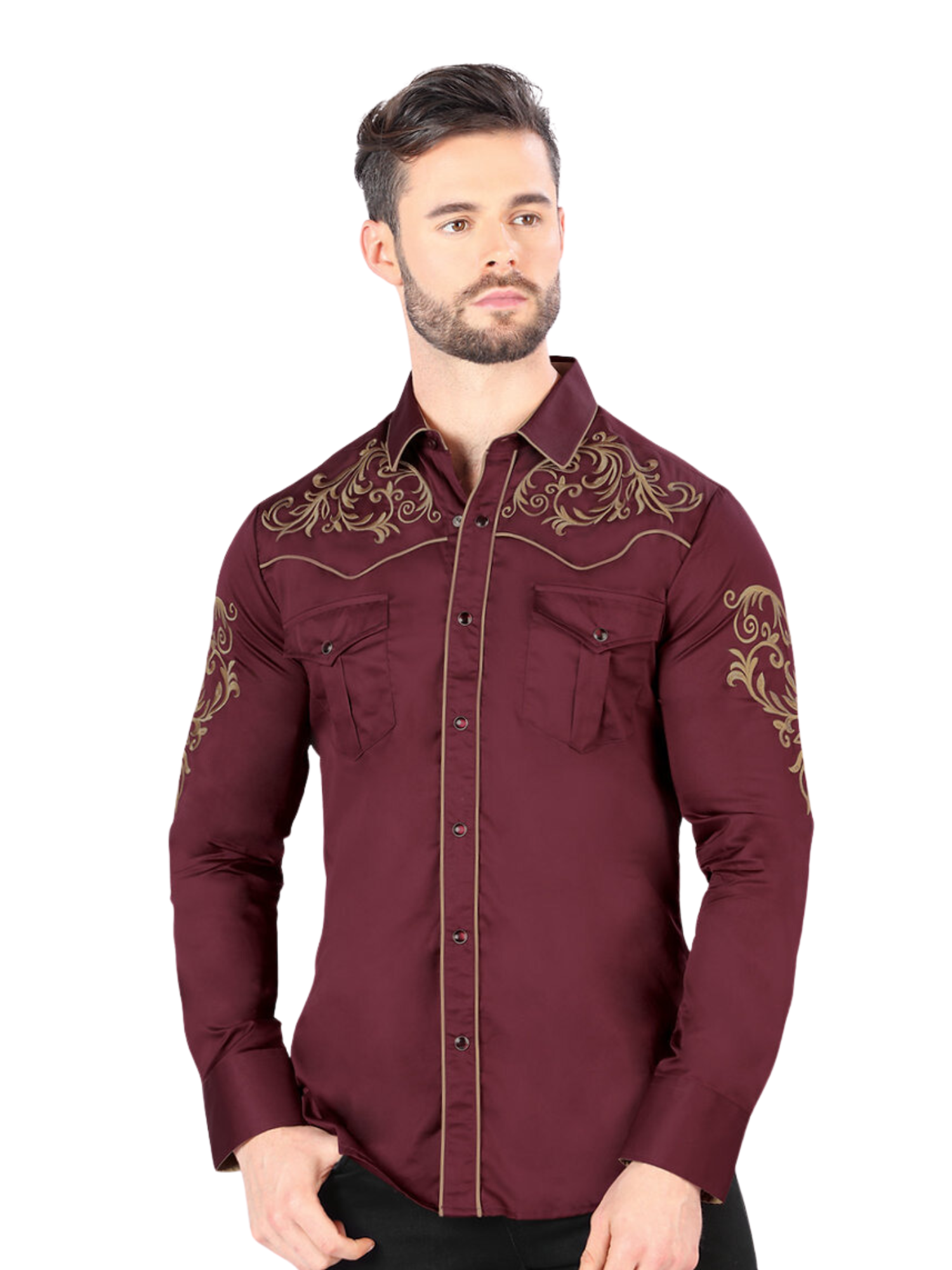 Camisa Vaquera Bordada Manga Larga para Hombre 'Montero' - ID: 3539 Camisas Bordadas Montero Burgandy