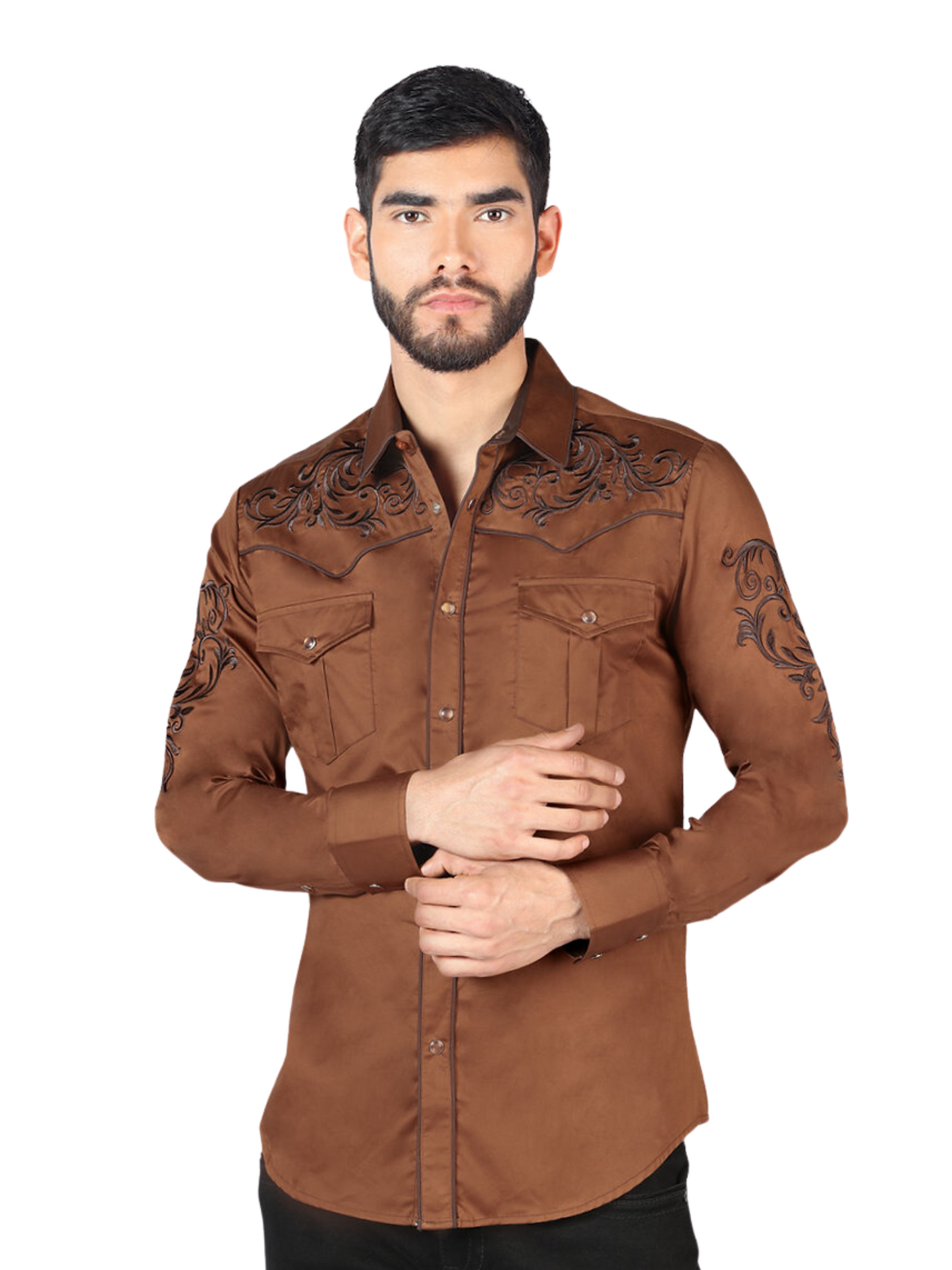 Camisa Vaquera Bordada Manga Larga para Hombre 'Montero' - ID: 3539 Camisas Bordadas Montero Brown