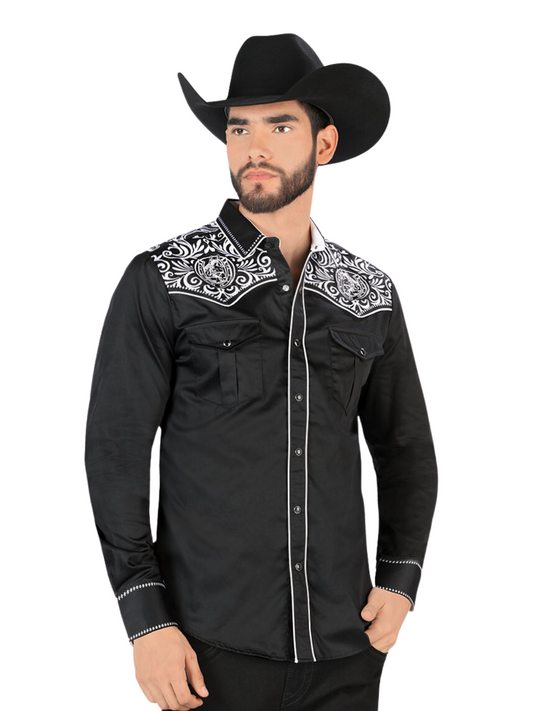 Camisa Vaquera Bordada Manga Larga para Hombre 'Montero' - ID: VA3540 Camisas Bordadas Montero Black/White