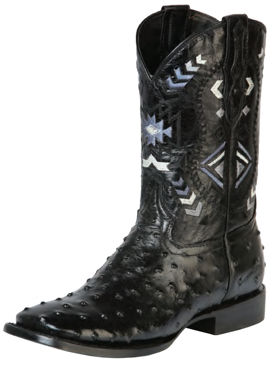 Botas Vaqueras Rodeo Imitacion de Avestruz Grabado en Piel Vacuno para Hombre 'El General' - ID: 51240 Botas Avestruz Print El General Negro