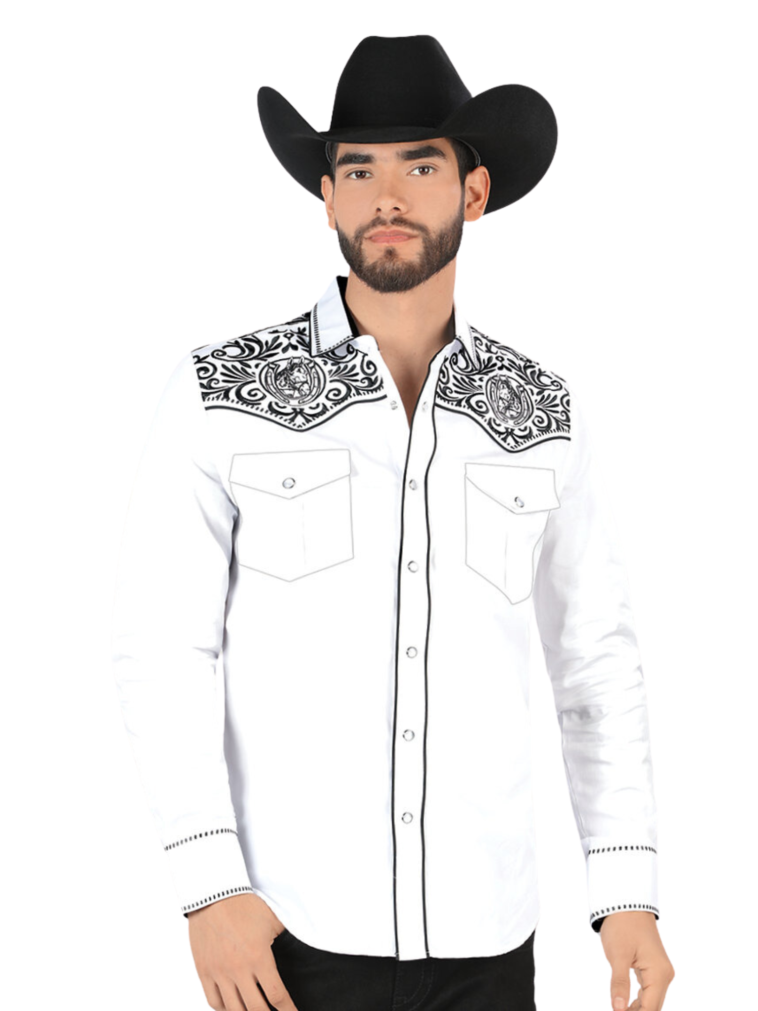 Camisa Vaquera Bordada Manga Larga para Hombre 'Montero' - ID: VA3540 Camisas Bordadas Montero White