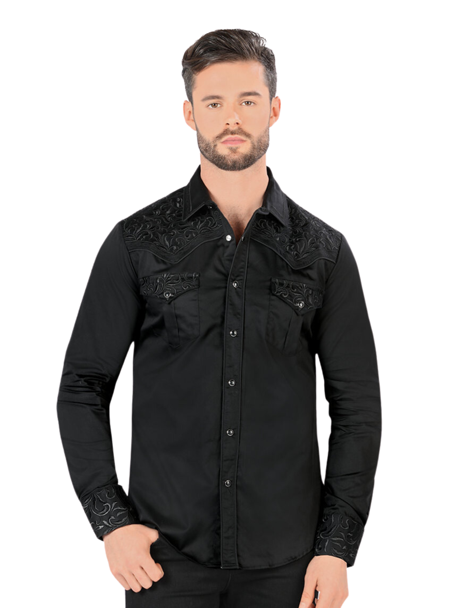 Camisa Vaquera Bordada Manga Larga para Hombre 'Montero' - ID: 3541 Camisas Bordadas Montero Black/Black