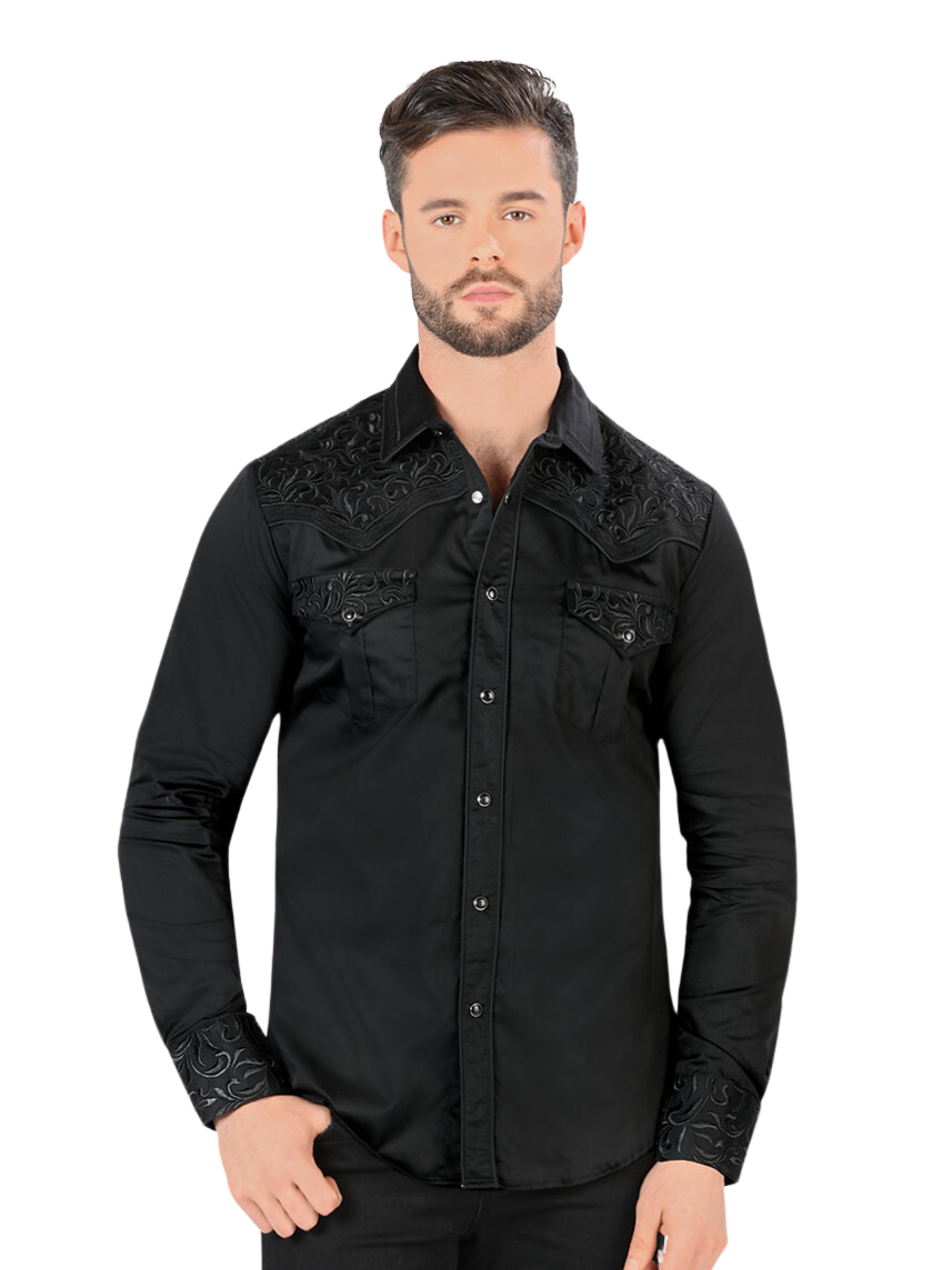 Camisa Vaquera Bordada Manga Larga para Hombre 'Montero' - ID: VA3541 Camisas Bordadas Montero Black/Black