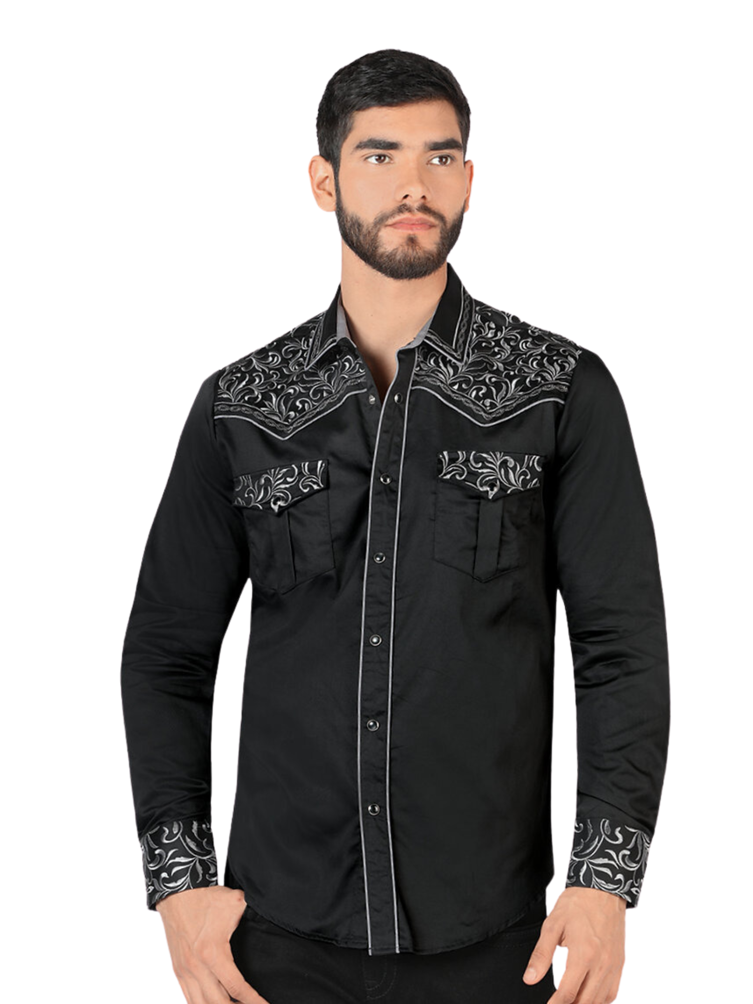 Camisa Vaquera Bordada Manga Larga para Hombre 'Montero' - ID: VA3541 Western Shirt Montero Black/Charcoal