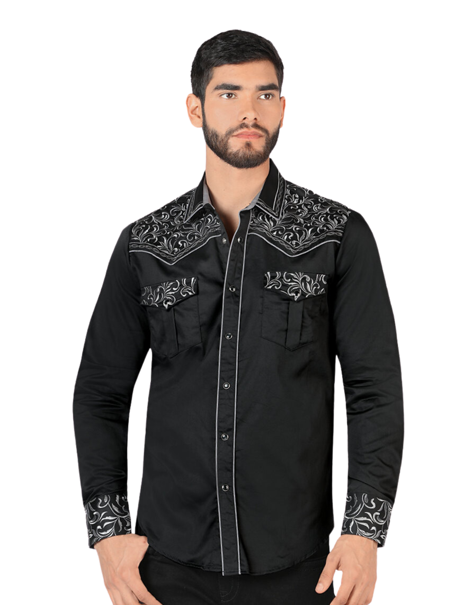 Camisa Vaquera Bordada Manga Larga para Hombre 'Montero' - ID: VA3541 Camisas Bordadas Montero Black/Charcoal