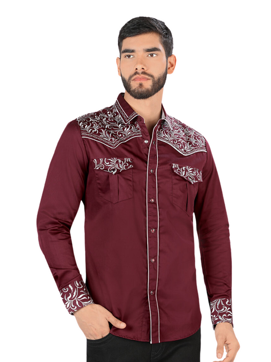 Camisa Vaquera Bordada Manga Larga para Hombre 'Montero' - ID: VA3541 Camisas Bordadas Montero Wine