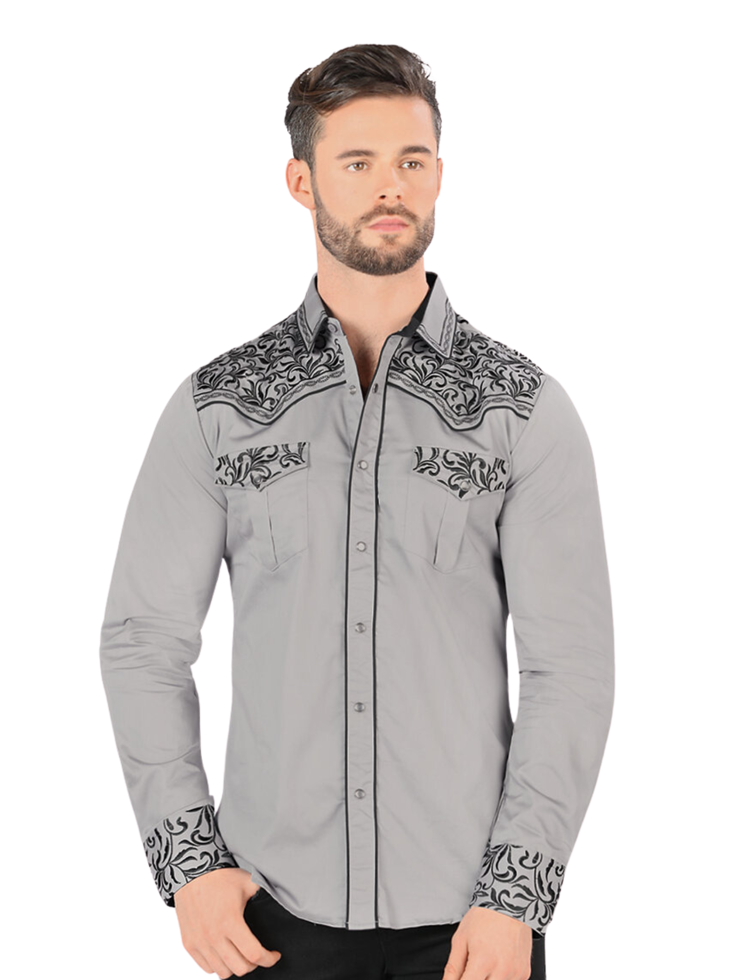 Camisa Vaquera Bordada Manga Larga para Hombre 'Montero' - ID: VA3541 Western Shirt Montero Gray