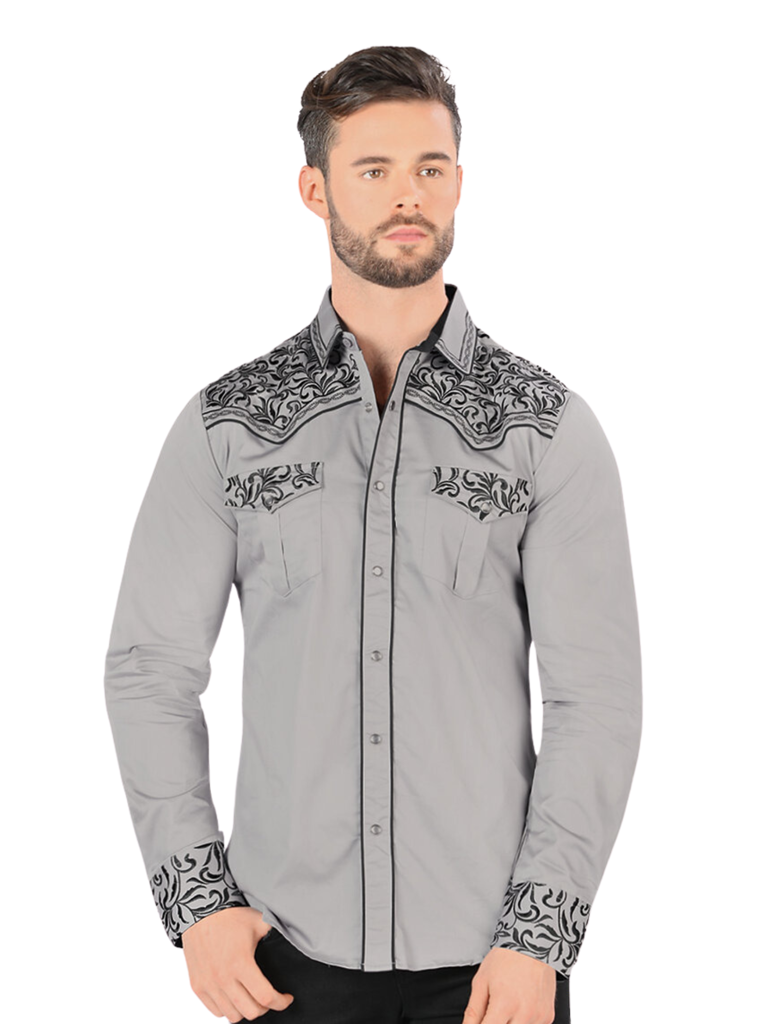 Camisa Vaquera Bordada Manga Larga para Hombre 'Montero' - ID: VA3541 Camisas Bordadas Montero Gray