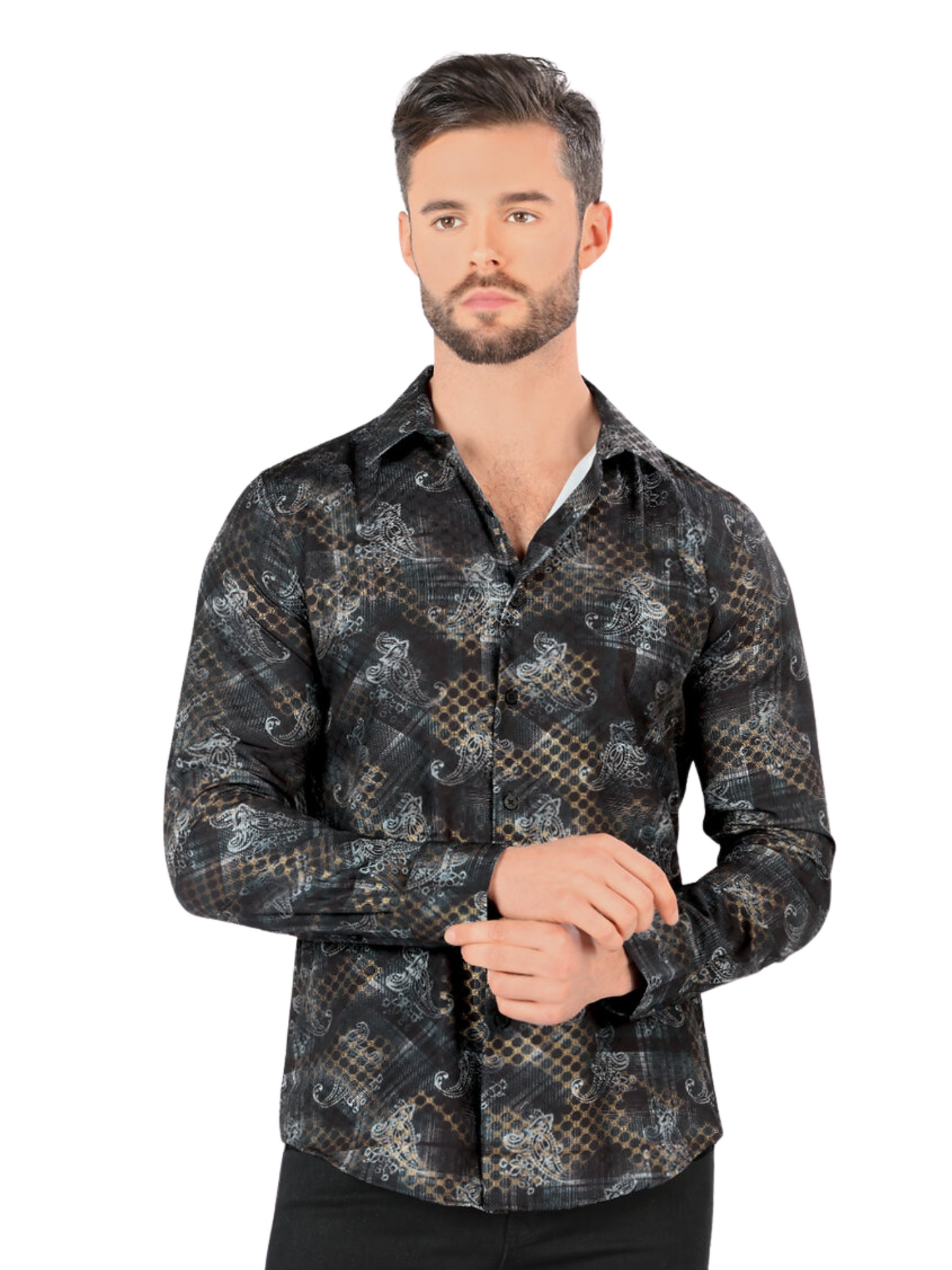 Camisa Casual Manga Larga Estampada para Hombre 'Montero' - ID: 0434 Camisas Estampadas Montero Black