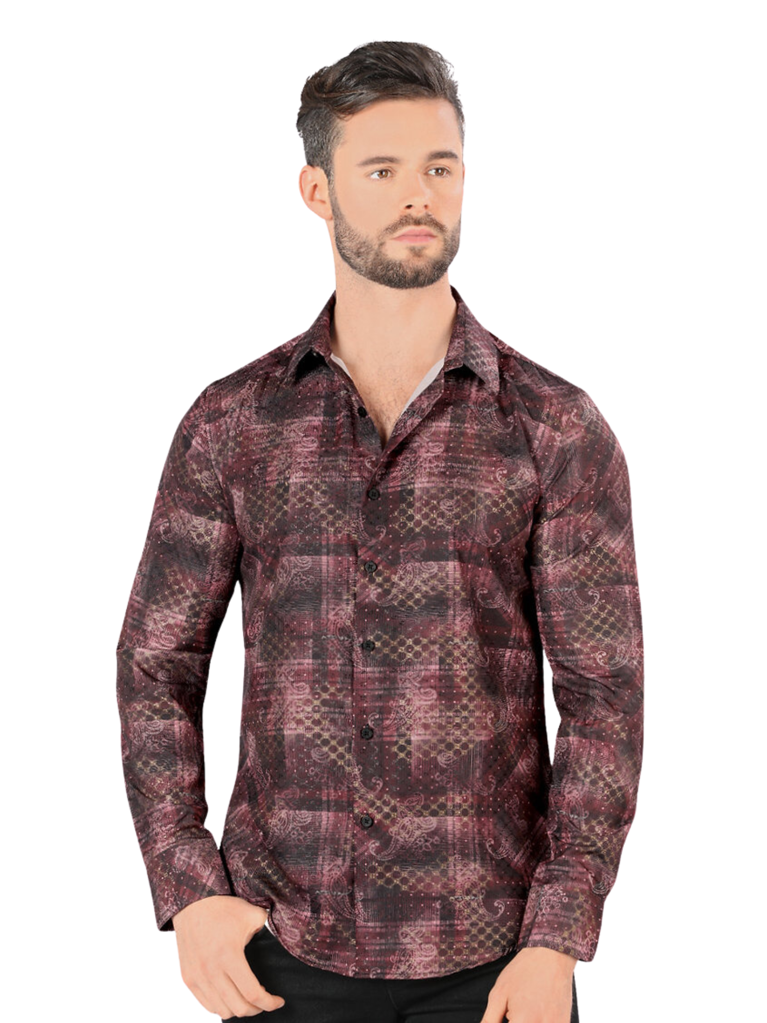 Camisa Casual Manga Larga Estampada para Hombre 'Montero' - ID: 0434 Casual Shirt Montero Burgandy