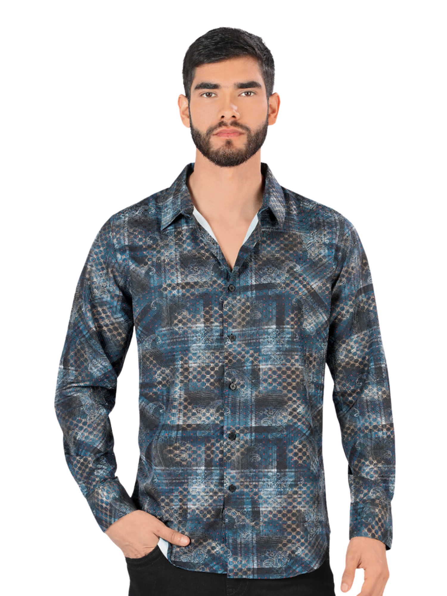 Camisa Casual Manga Larga Estampada para Hombre 'Montero' - ID: 0434 Camisas Estampadas Montero Teal