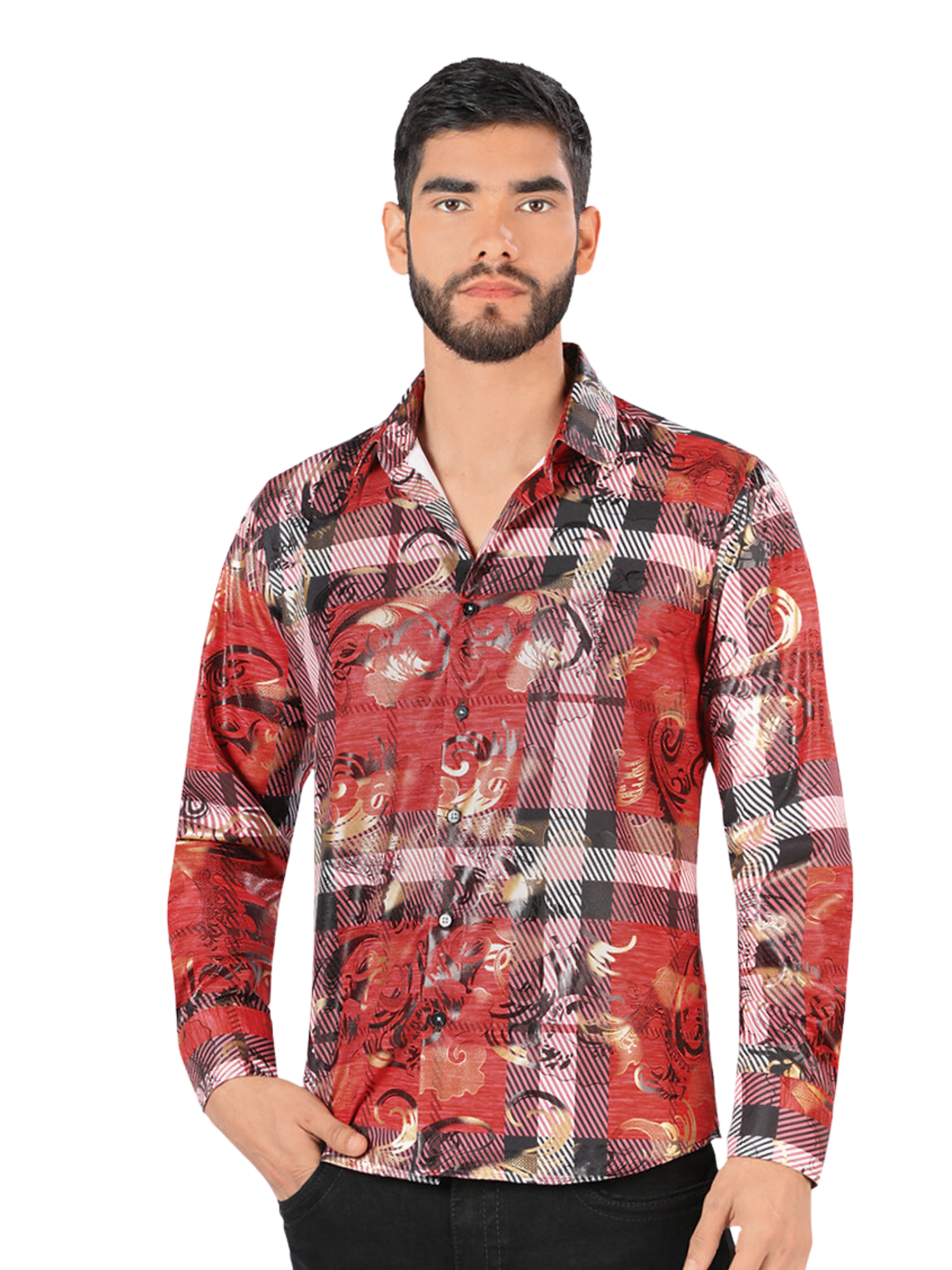 Camisa Casual Manga Larga Estampada para Hombre 'Montero' - ID: 0801 Camisas Estampadas Montero Red