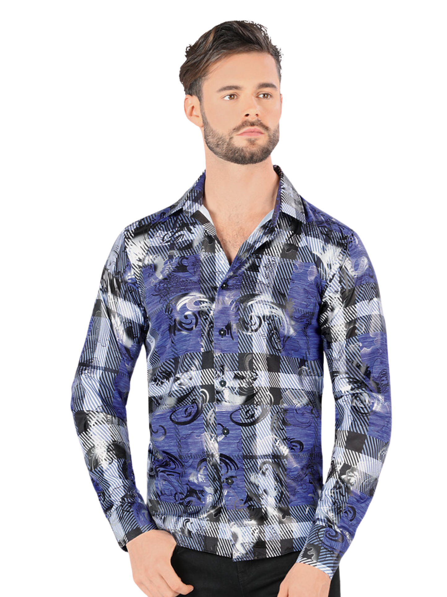 Camisa Casual Manga Larga Estampada para Hombre 'Montero' - ID: 0801 Camisas Estampadas Montero Blue