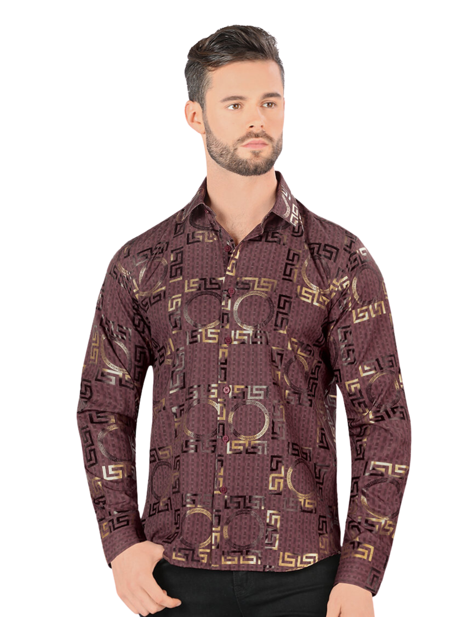 Camisa Casual Manga Larga Estampada para Hombre 'Montero' - ID: 0802 Camisas Estampadas Montero Wine