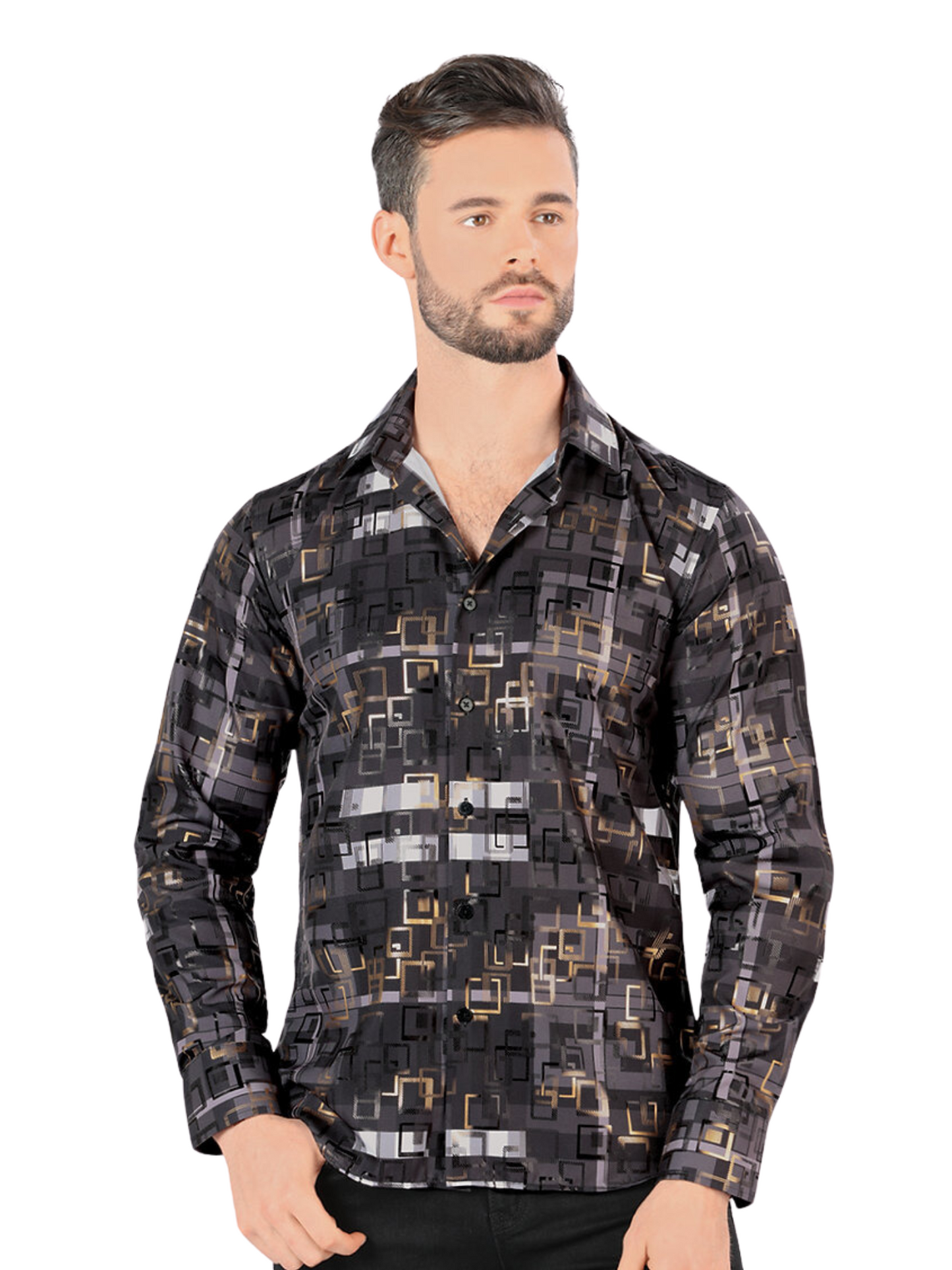 Camisa Casual Manga Larga Estampada para Hombre 'Montero' - ID: 0803 Camisas Estampadas Montero Black