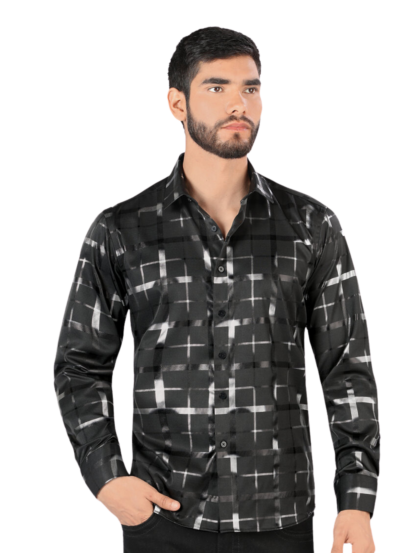 Camisa Casual Manga Larga Estampada para Hombre 'Montero' - ID: 0808 Camisas Estampadas Montero Black